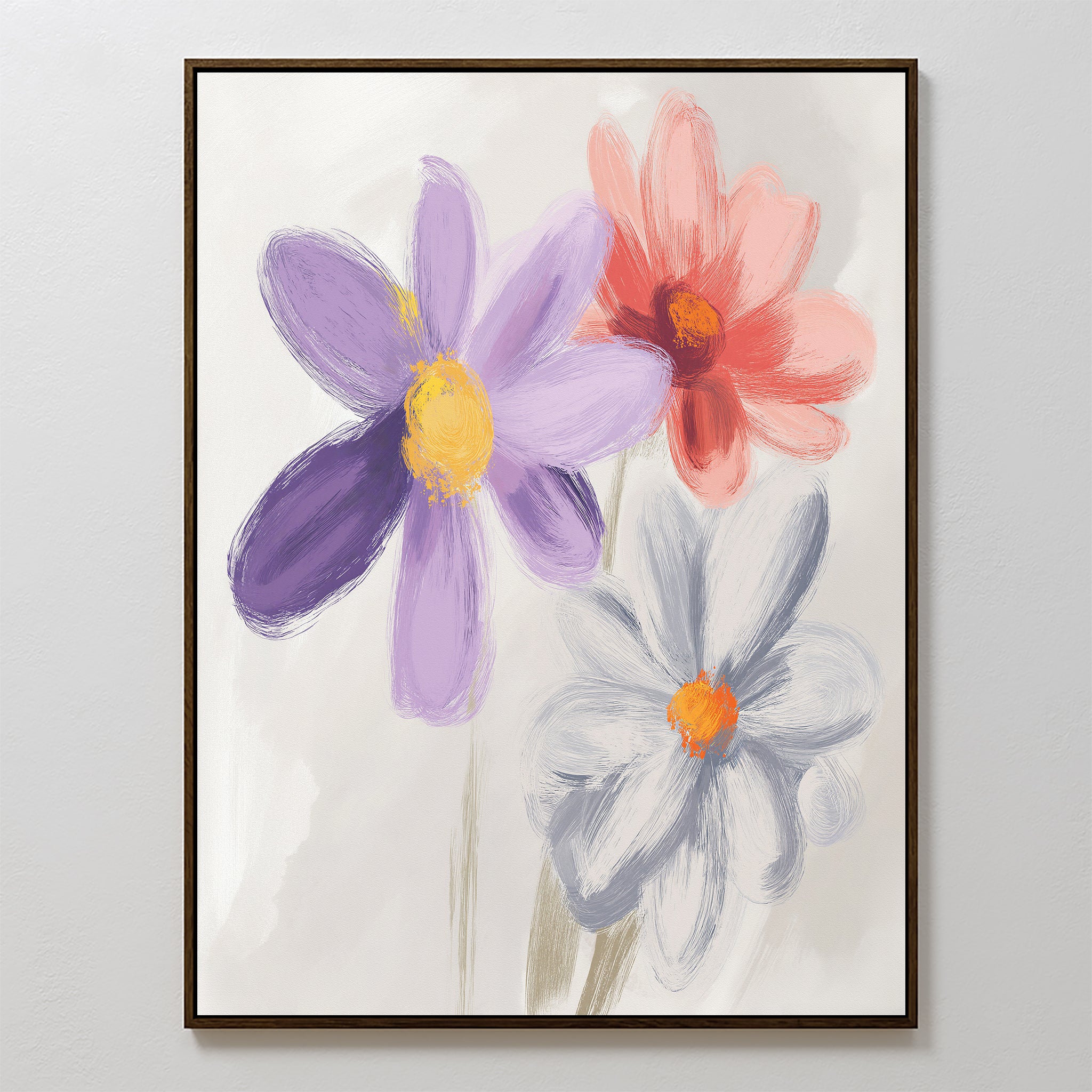 The Blooming Harmony Canvas Art - Vertical features three abstract flowers in purple, coral pink, and light blue on an off-white background—ideal botanical wall art for any Nordic Park-inspired space.