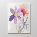 The Blooming Harmony Canvas Art - Vertical features three large, abstract flowers—purple, red, and light blue with yellow centers—on a neutral background, adding modern charm to any space.