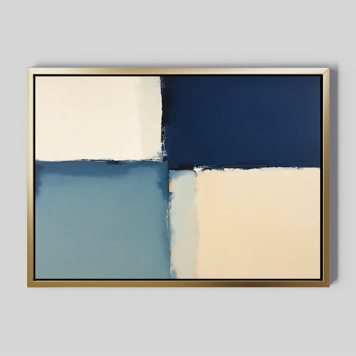 Blue Quarters Canvas Art - Horizontal features four rectangular blocks in pale cream, navy blue, and muted blue with soft edges. This contemporary geometric print comes in a gold frame—ideal for adding sophistication to a modern living room with light gray walls.