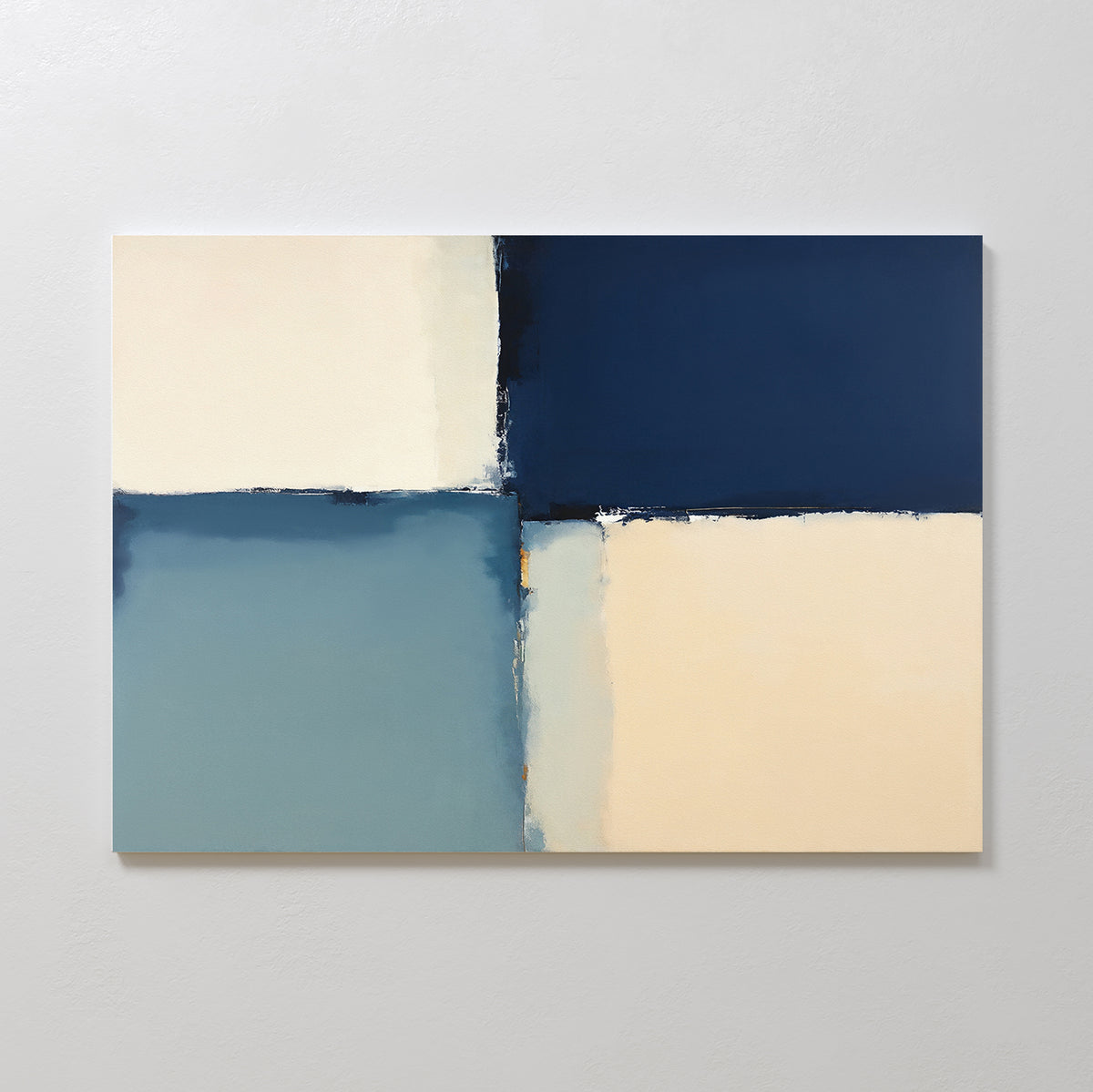 Blue Quarters Canvas Art - Horizontal features four large rectangles—dark blue, off-white, teal, and beige—with textured edges on a white background. This geometric abstract print is perfect for adding a contemporary touch to modern living rooms.