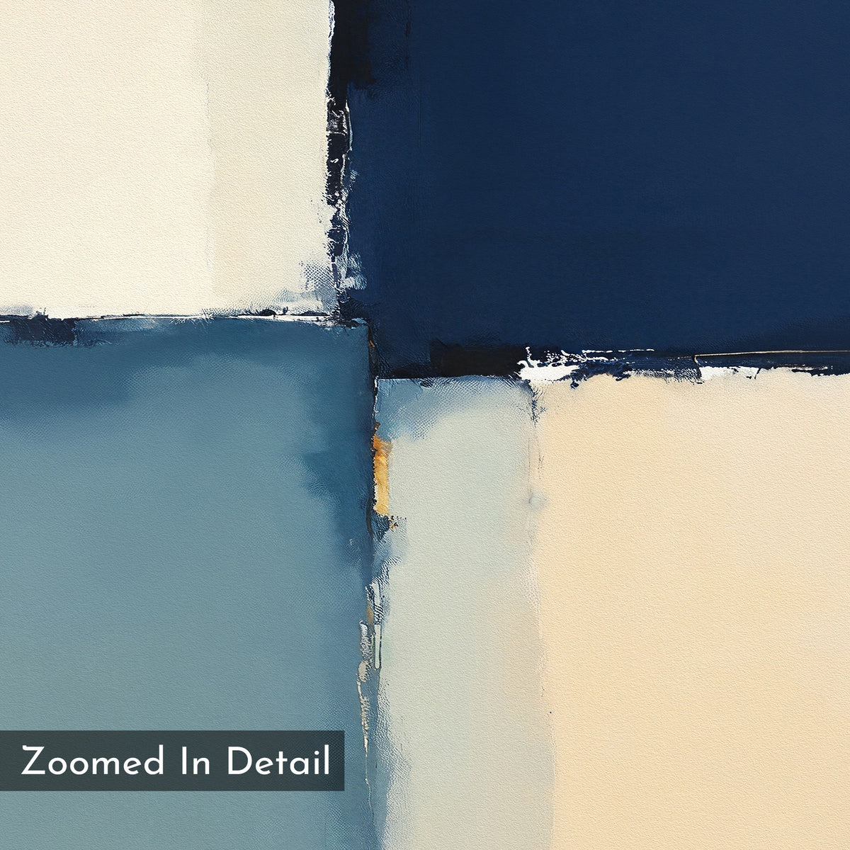 Blue Quarters Canvas Art - Horizontal features abstract intersecting blocks of cream, navy blue, and light blue with textured edges—a bold geometric piece perfect for modern living rooms. "Zoomed In Detail" appears in a gray box at the lower left.