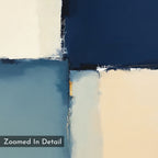 Blue Quarters Canvas Art - Horizontal features abstract intersecting blocks of cream, navy blue, and light blue with textured edges—a bold geometric piece perfect for modern living rooms. "Zoomed In Detail" appears in a gray box at the lower left.