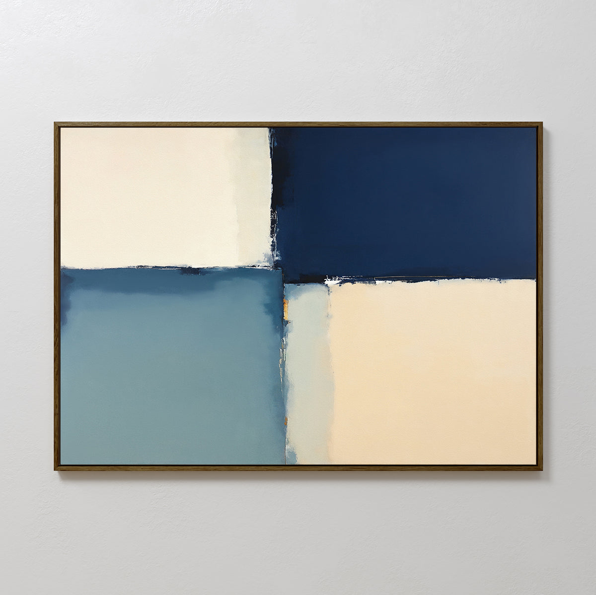 Blue Quarters Canvas Art - Horizontal features four rectangles in blue, navy, cream, and off-white with rough borders—a modern geometric print, simply framed, perfect for contemporary living rooms on a white textured wall.