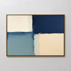 Blue Quarters Canvas Art - Horizontal features four rectangles in blue, navy, cream, and off-white with rough borders—a modern geometric print, simply framed, perfect for contemporary living rooms on a white textured wall.