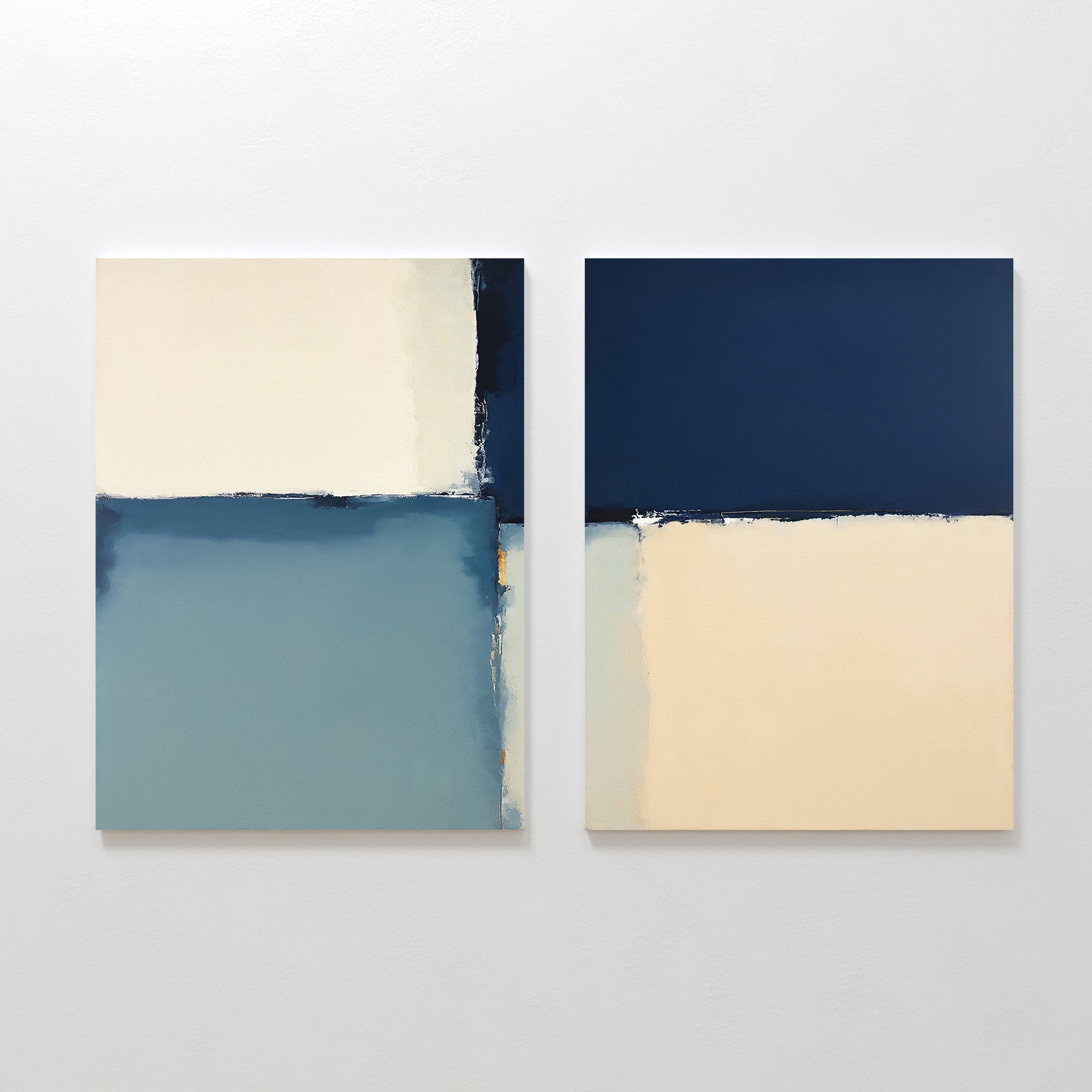 Blue Quarters - Set Of 2: Two contemporary abstract prints display geometric shapes in navy blue, cream, and muted teal with textured edges—ideal for modern living rooms when hung side by side on a white wall.