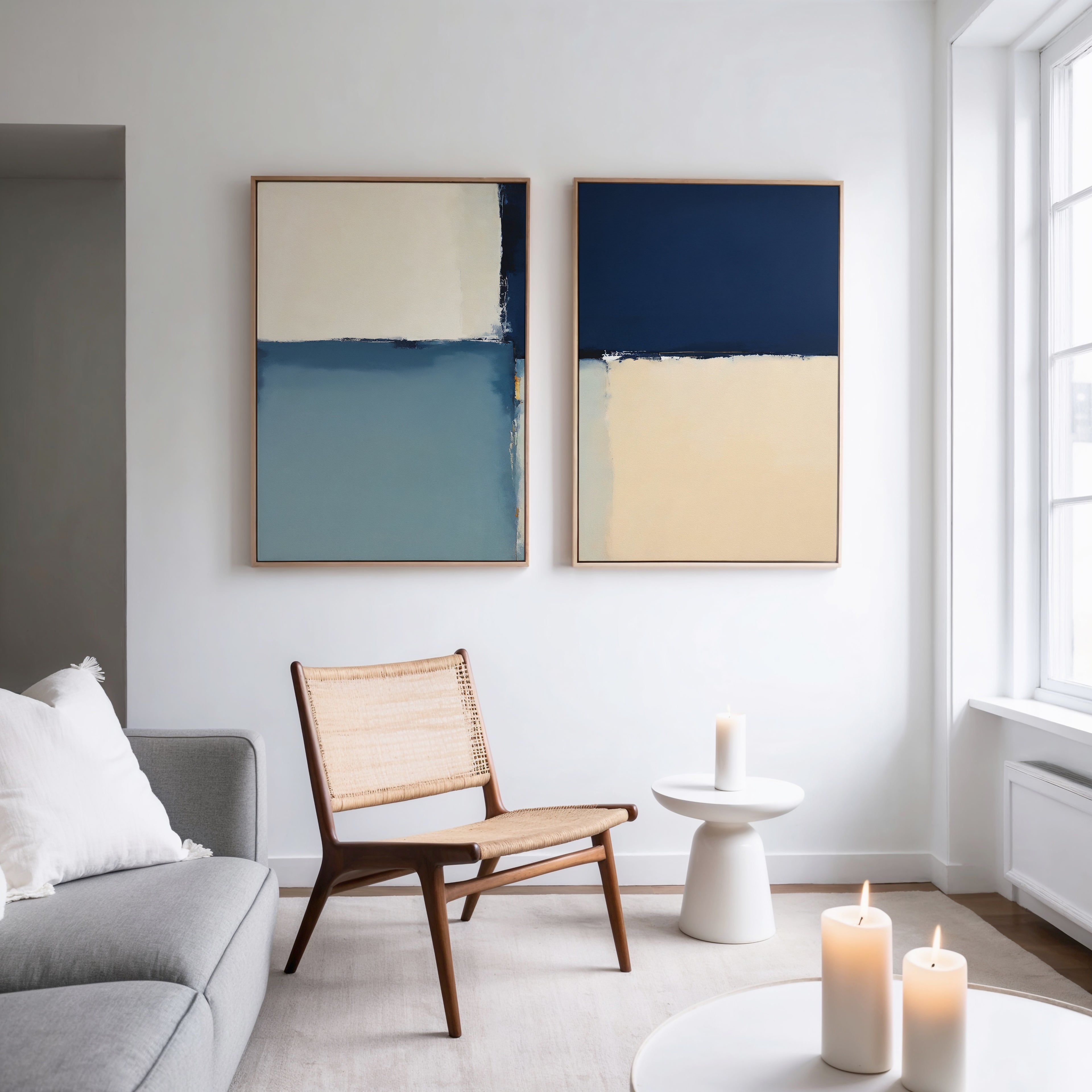A modern living room with a light gray sofa, woven wooden chair, white round side table with candles, and the Blue Quarters - Set Of 2 art prints displaying abstract blue, beige, and cream geometric designs on a white wall.