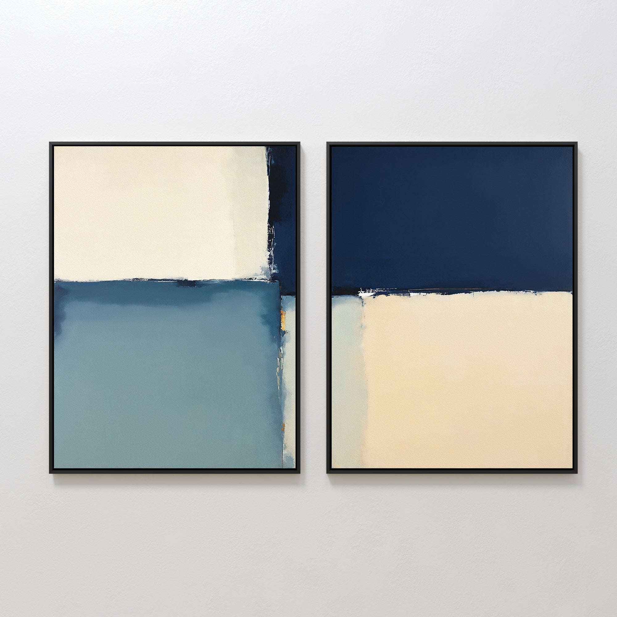 Blue Quarters - Set Of 2 features two abstract geometric paintings: one with soft blue and cream bordered in dark blue, the other with navy over beige. Both have textured edges and black frames—ideal for modern living rooms.
