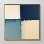 Blue Quarters Canvas Art - Square showcases a contemporary abstract design with four uneven sections in dark blue, light cream, and soft blue—perfect for adding modern style to your living room.