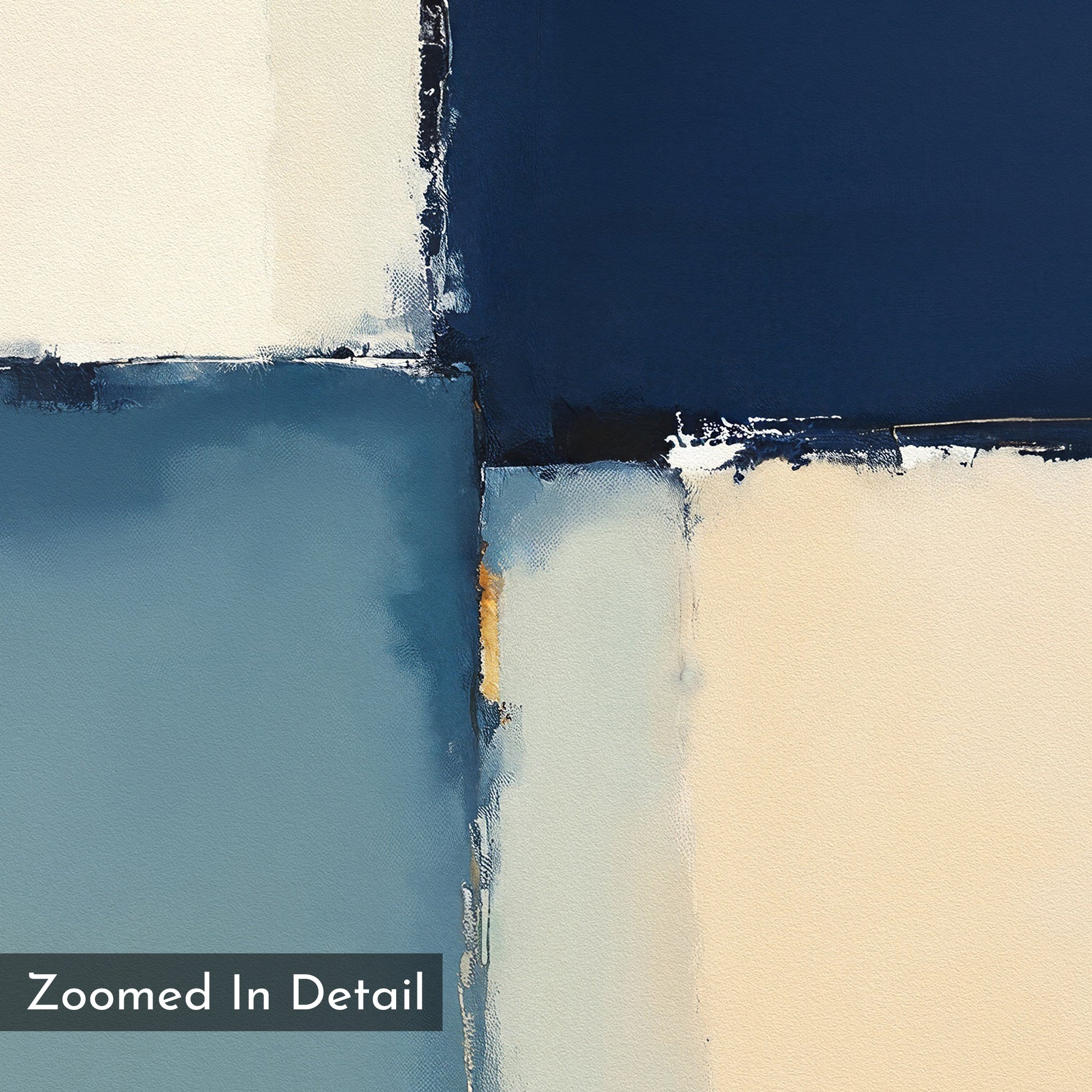 Blue Quarters Canvas Art - Square features intersecting blocks of navy blue, light blue, and cream with textured edges. This geometric abstract print adds a modern touch to living rooms. A small label reads "Zoomed In Detail.