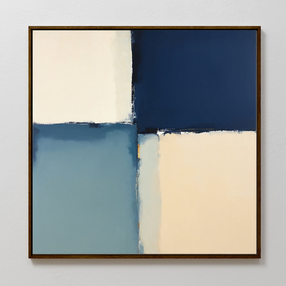 Blue Quarters Canvas Art - Square features a geometric abstract design with off-white, navy, muted blue, and cream blocks. This contemporary piece is ideal for modern living rooms and comes framed in wood.
