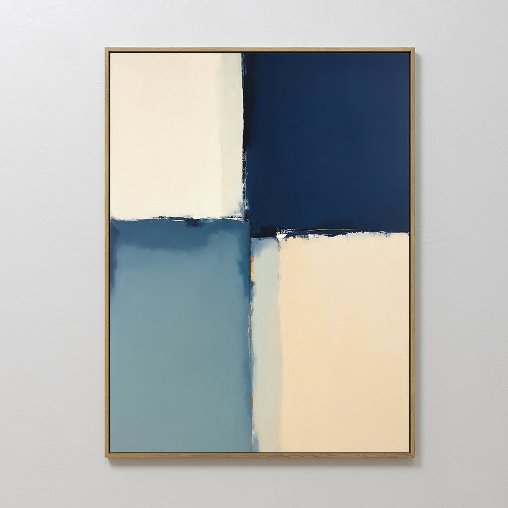Blue Quarters Canvas Art - Vertical showcases a geometric design with four uneven rectangles in navy, cream, light blue, and beige with blurred edges, framed in thin gold—ideal for adding modern style to your living room.