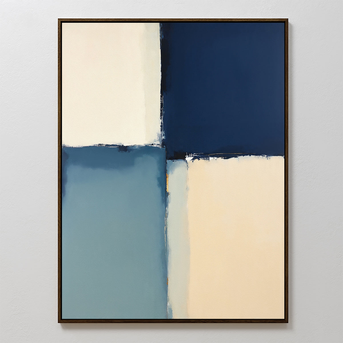 Blue Quarters Canvas Art - Vertical showcases four rectangular color blocks in navy blue, soft cream, and muted blue with blurred edges and a slim black frame—perfect for adding modern style to your living room.