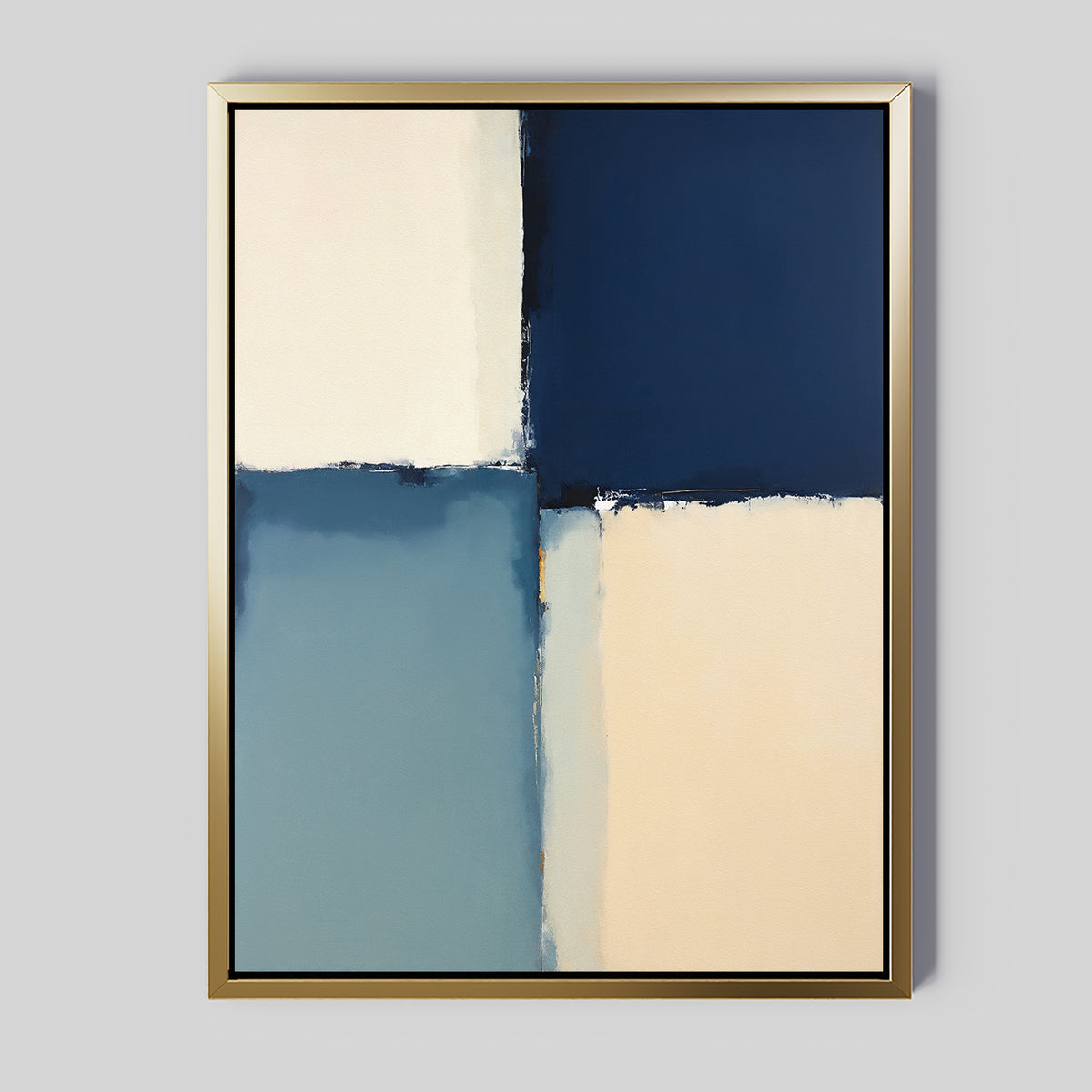 Blue Quarters Canvas Art - Vertical: Geometric abstract print with four rectangles—dark blue, white, light blue, and beige—framed in gold. Textured edges and gentle color gradients make it a striking choice for contemporary living rooms.