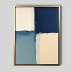 Blue Quarters Canvas Art - Vertical: Geometric abstract print with four rectangles—dark blue, white, light blue, and beige—framed in gold. Textured edges and gentle color gradients make it a striking choice for contemporary living rooms.