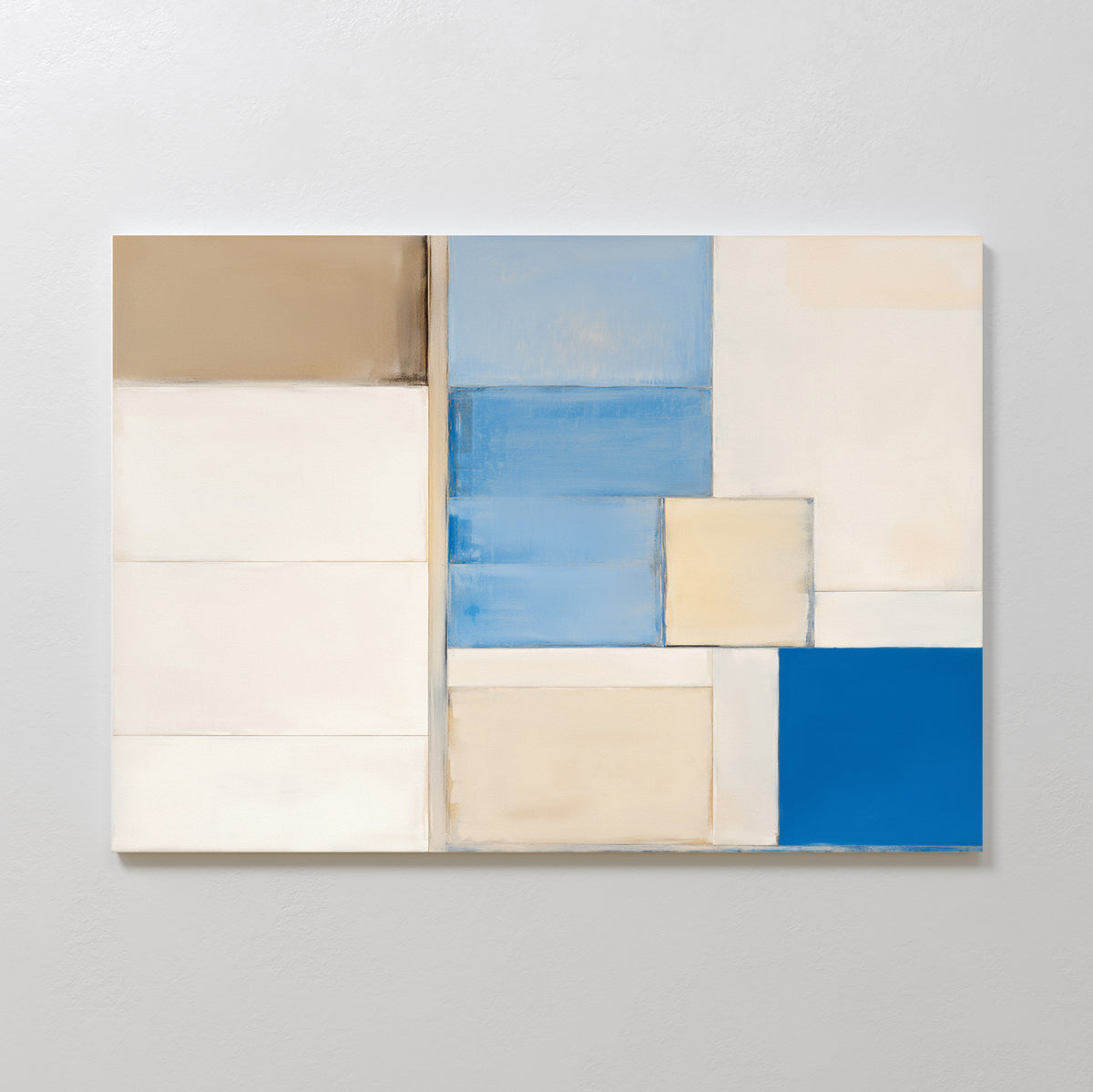 Blue Tiles Composition Canvas Art - Horizontal features abstract rectangles in white, beige, brown, and blues arranged in a grid pattern—ideal modern wall decor for your living room.