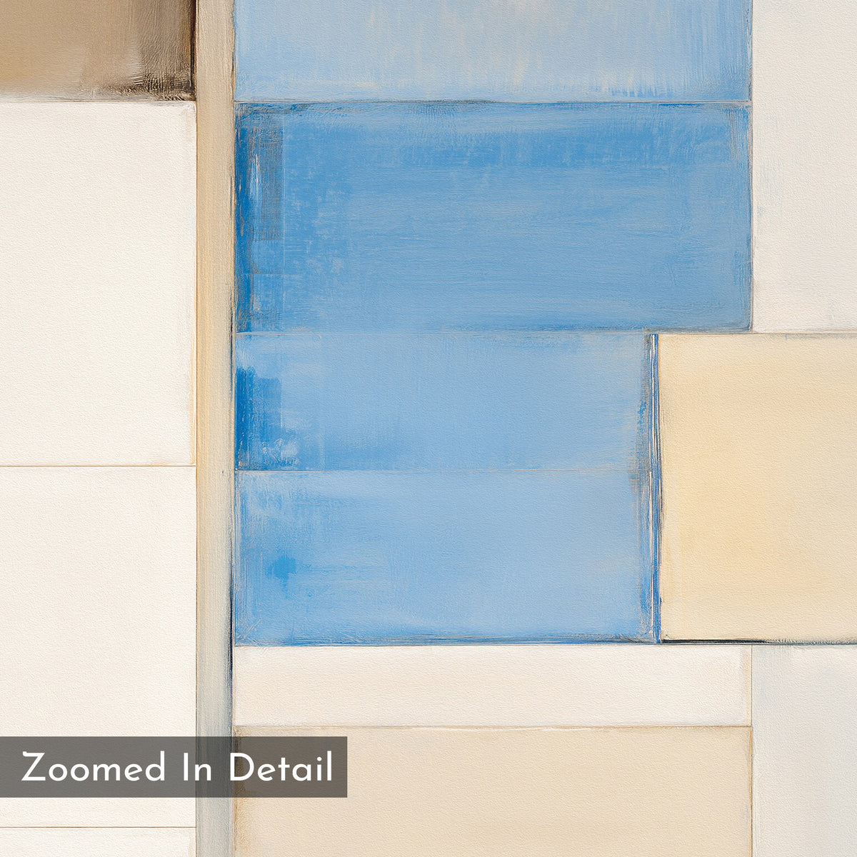 Blue Tiles Composition Canvas Art - Horizontal features an abstract geometric design with rectangles in blue, beige, and white—ideal for modern living rooms. "Zoomed In Detail" appears in a gray box at the bottom left corner.
