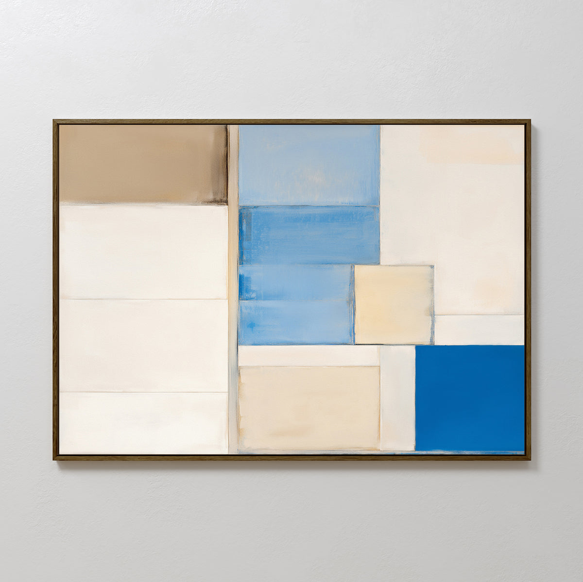 Blue Tiles Composition Canvas Art - Horizontal features abstract rectangular blue, white, beige, and tan blocks in a grid on textured canvas with a slim dark frame—ideal for modern living room decor.