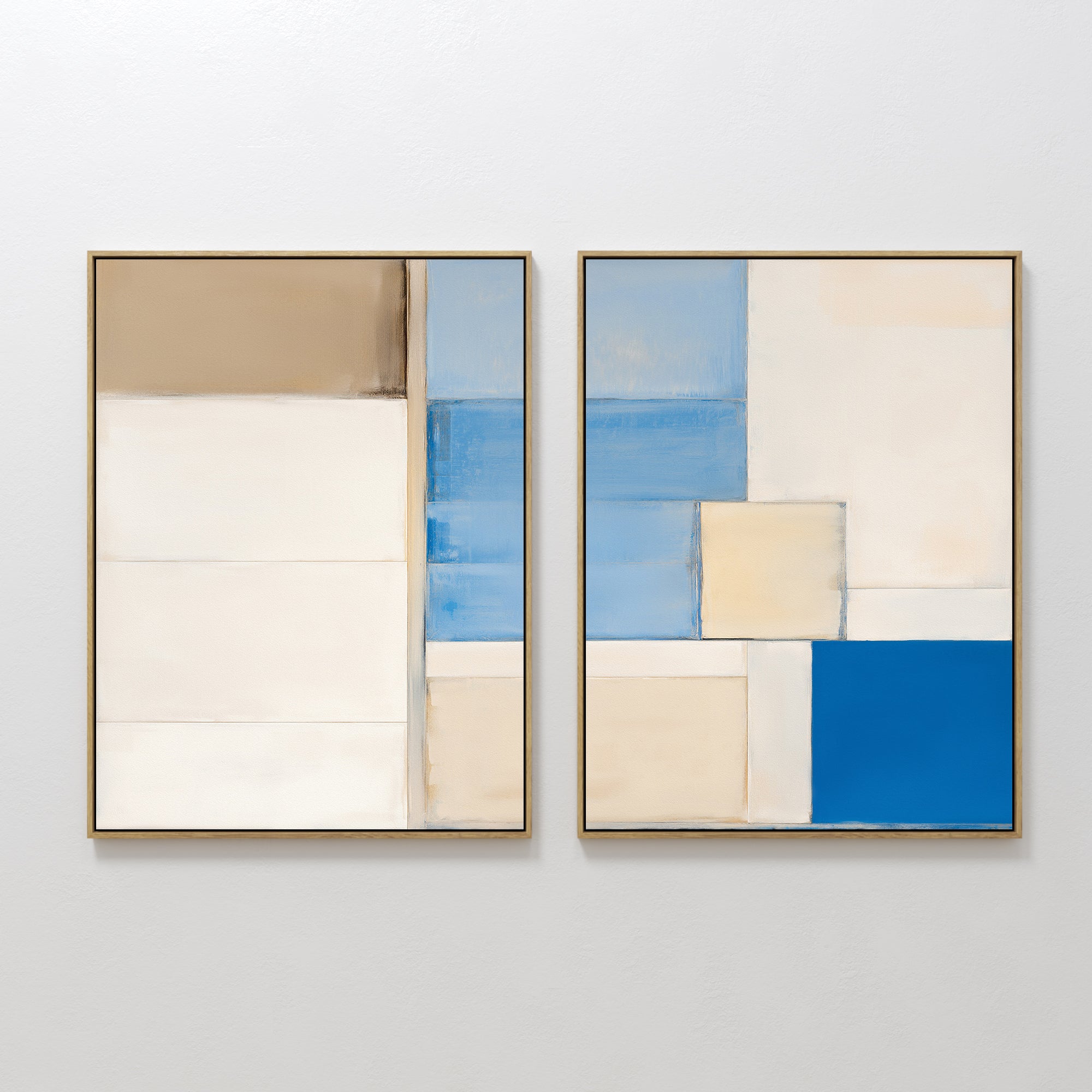 The Blue Tiles Composition - Set Of 2 features abstract geometric wall art in gold frames, showcasing blue tiles with beige, cream, and white tones—a contemporary set perfect for modern white walls.