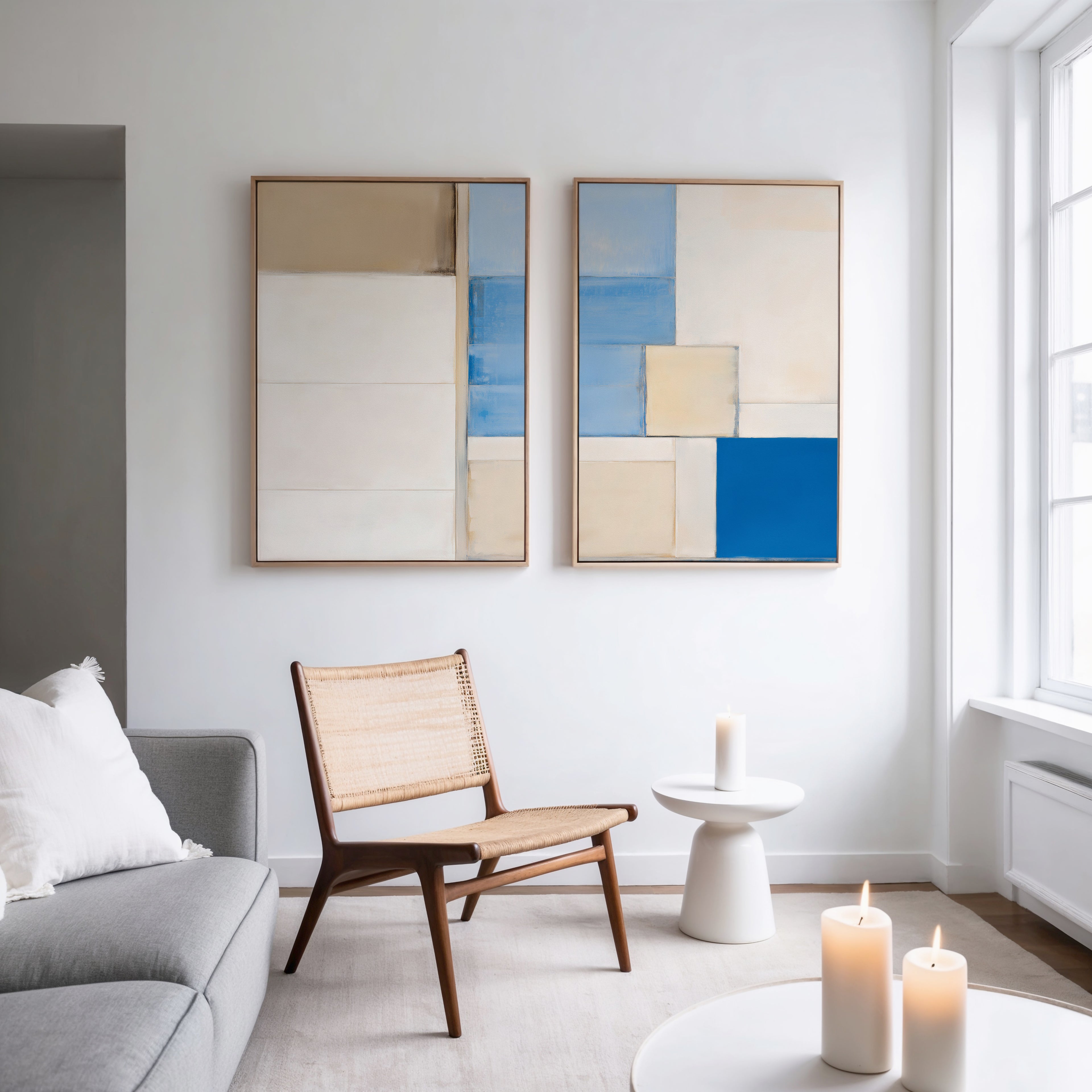 A modern living room with a gray sofa, woven chair, white side table with a candle, and the Blue Tiles Composition - Set Of 2 wall art in beige, white, and blue. Three candles sit on a table in the foreground.