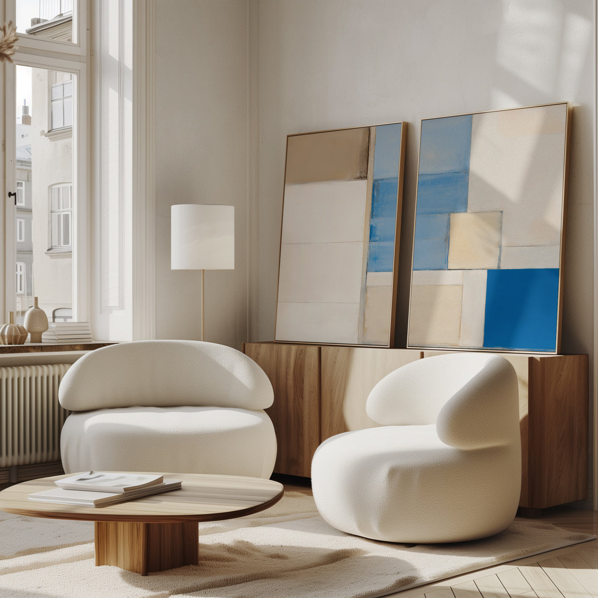 Two modern white chairs and a low wooden table sit in a bright living room with large windows. The Blue Tiles Composition - Set Of 2 rests on a wood sideboard, adding a stylish focal point with its blue and beige geometric design.