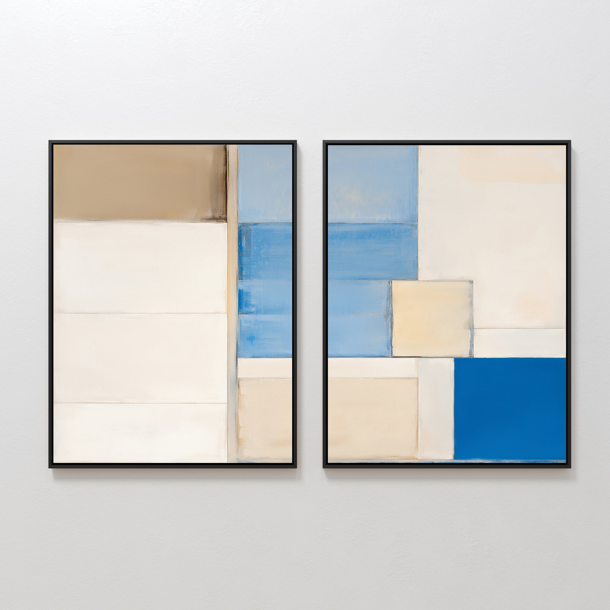 The Blue Tiles Composition - Set Of 2 features framed contemporary prints with geometric rectangles and squares in beige, white, and blue tones, displayed side by side for a modern wall art effect.