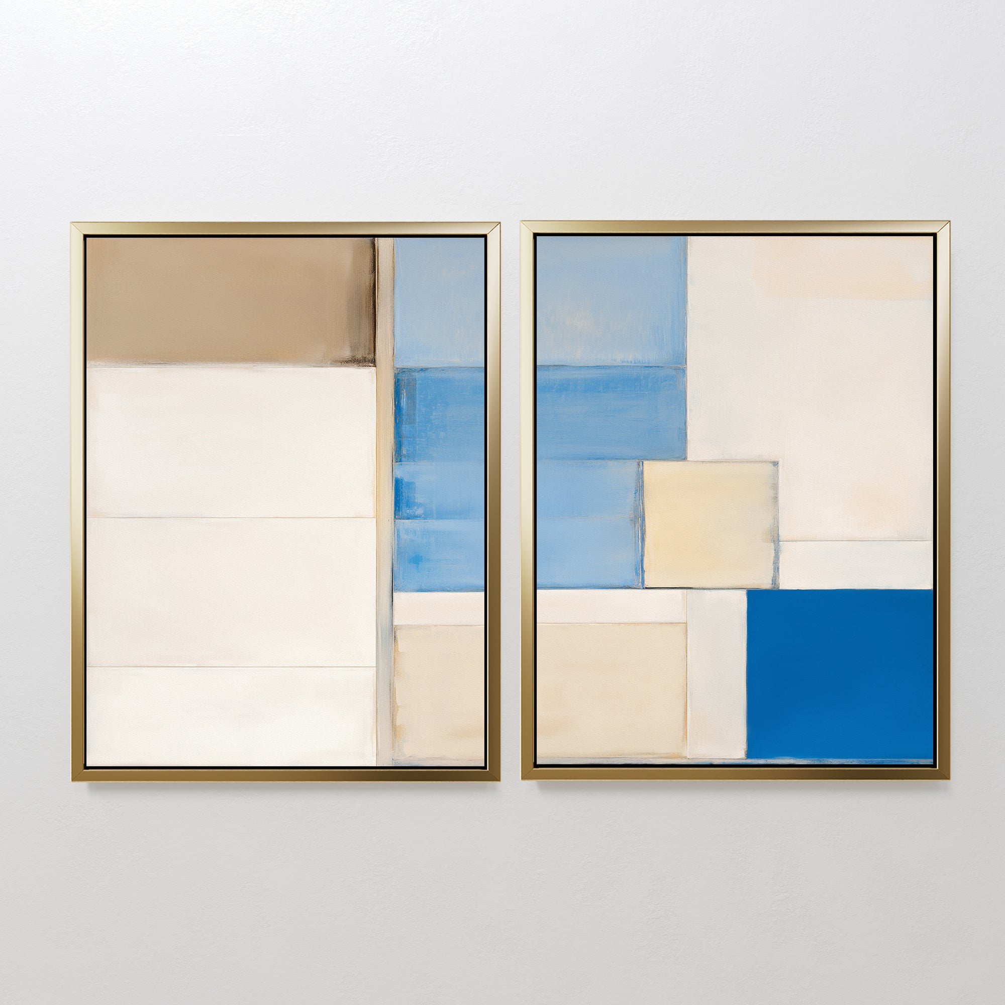 The Blue Tiles Composition - Set Of 2 features abstract geometric wall art in gold frames, with beige, white, and blue tones arranged in a modern minimalist style on a white wall.