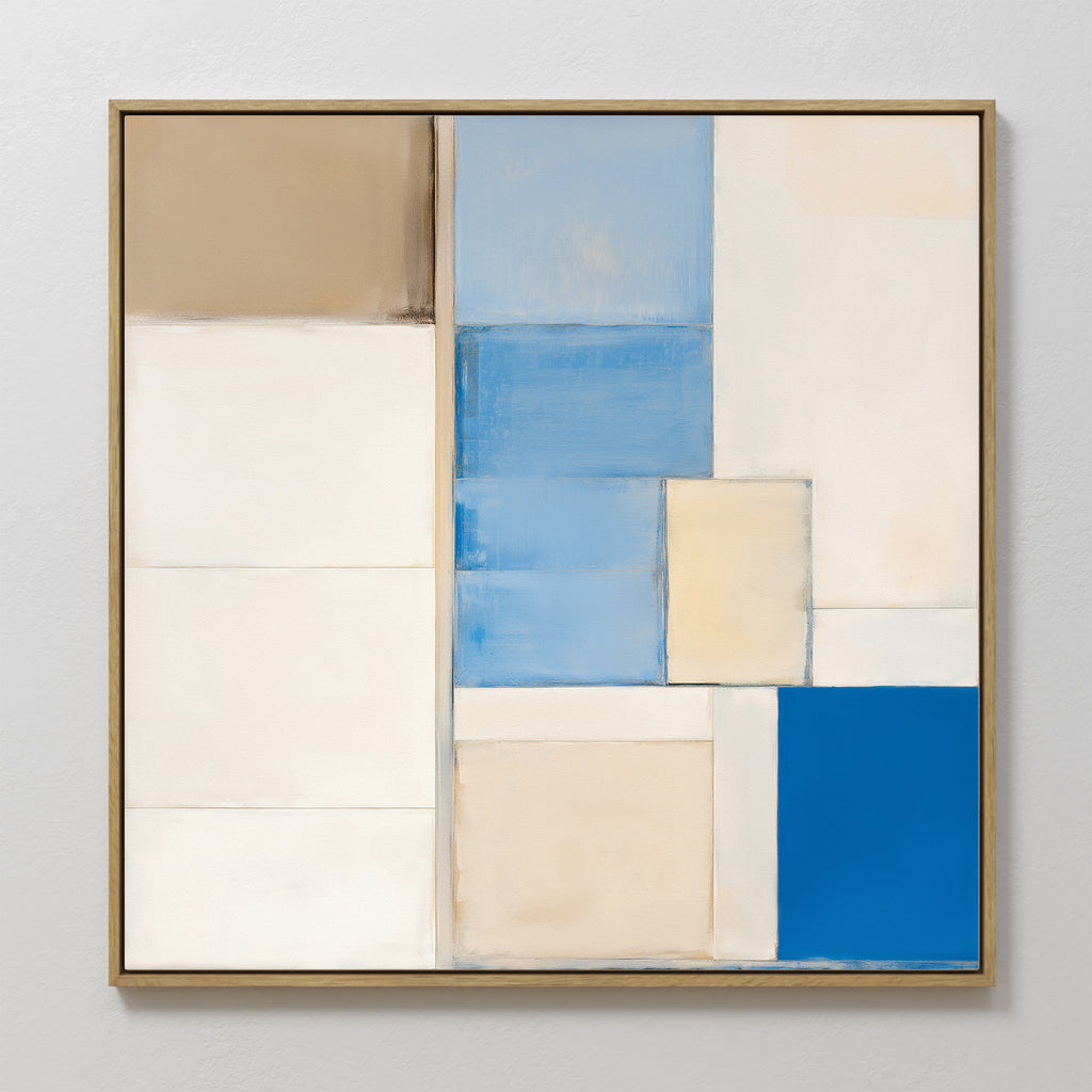 Blue Tiles Composition Canvas Art - Square features abstract geometric designs in beige, white, cream, and blue tiles in a grid. Framed in thin gold and displayed on a white wall—ideal for modern living room decor.