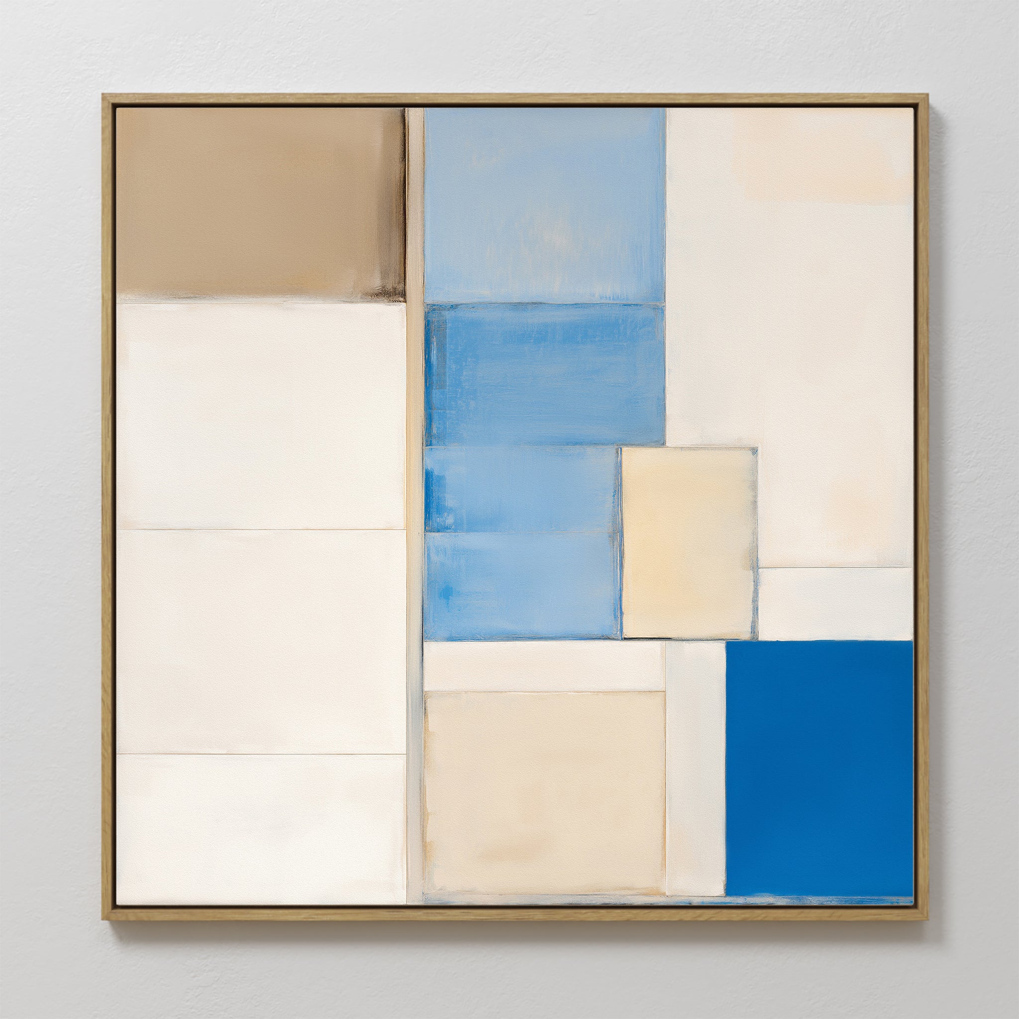 Blue Tiles Composition Canvas Art - Square features abstract geometric designs in beige, white, cream, and blue tiles in a grid. Framed in thin gold and displayed on a white wall—ideal for modern living room decor.
