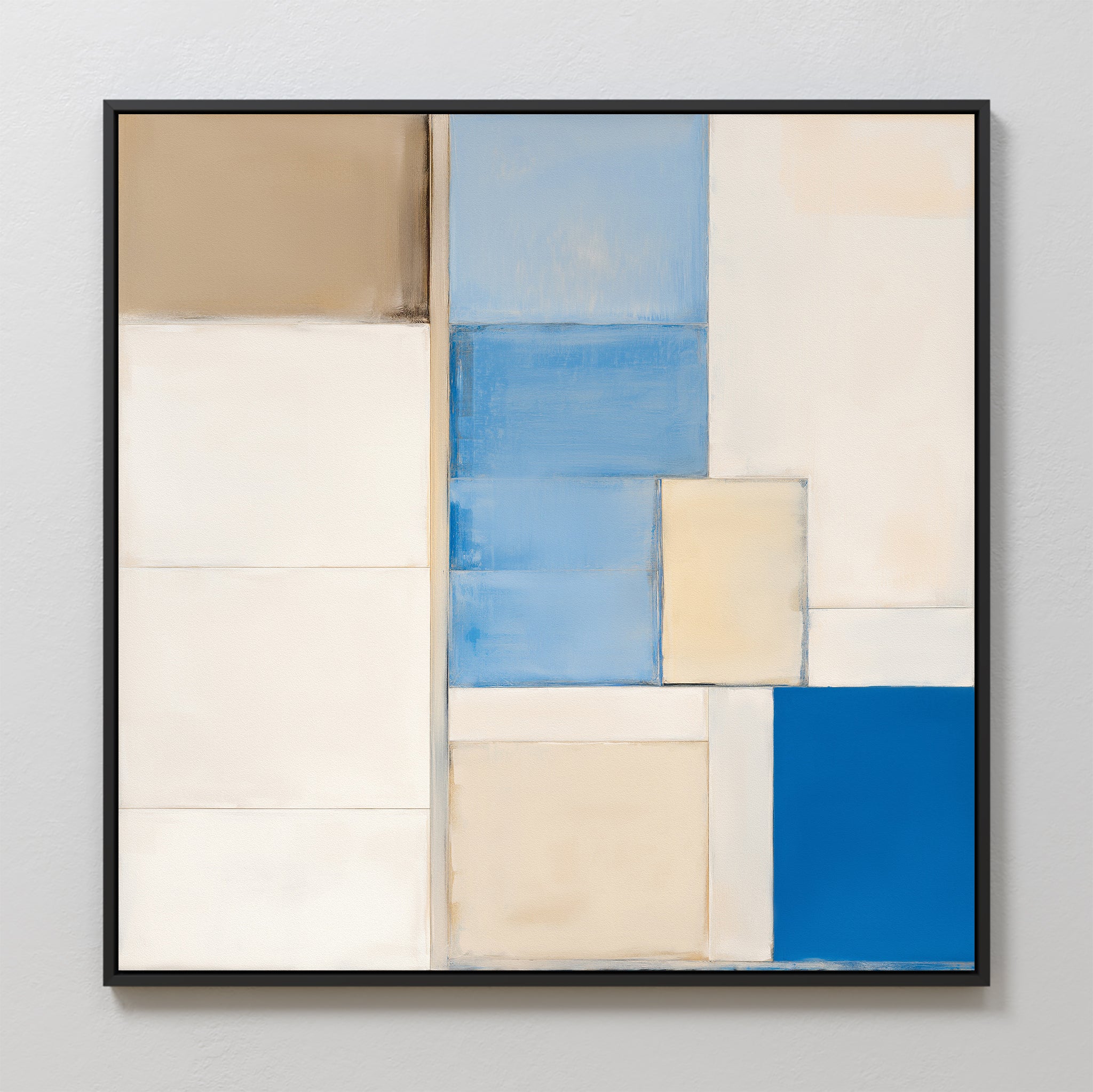 The Blue Tiles Composition Canvas Art - Square showcases abstract geometric blocks in white, beige, light blue, and deep blue, arranged in a grid—an ideal piece for modern living room decor.