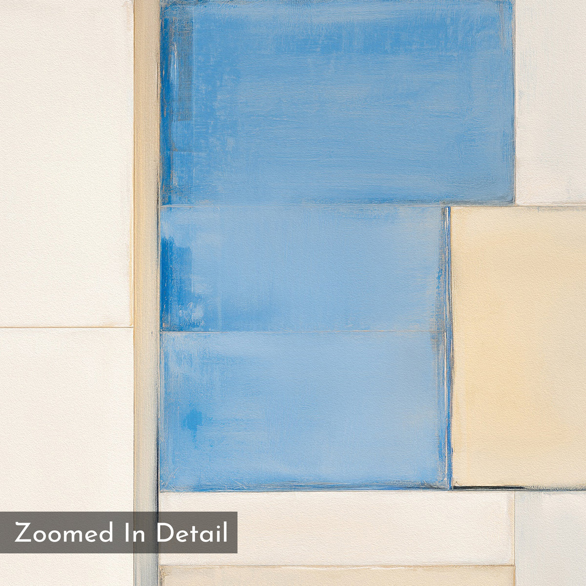 Blue Tiles Composition Canvas Art - Square features geometric shapes in blue, cream, and off-white. Zoomed-in rectangles and squares resemble blue tiles—ideal modern wall art for living rooms. "Zoomed In Detail" text appears in the corner.