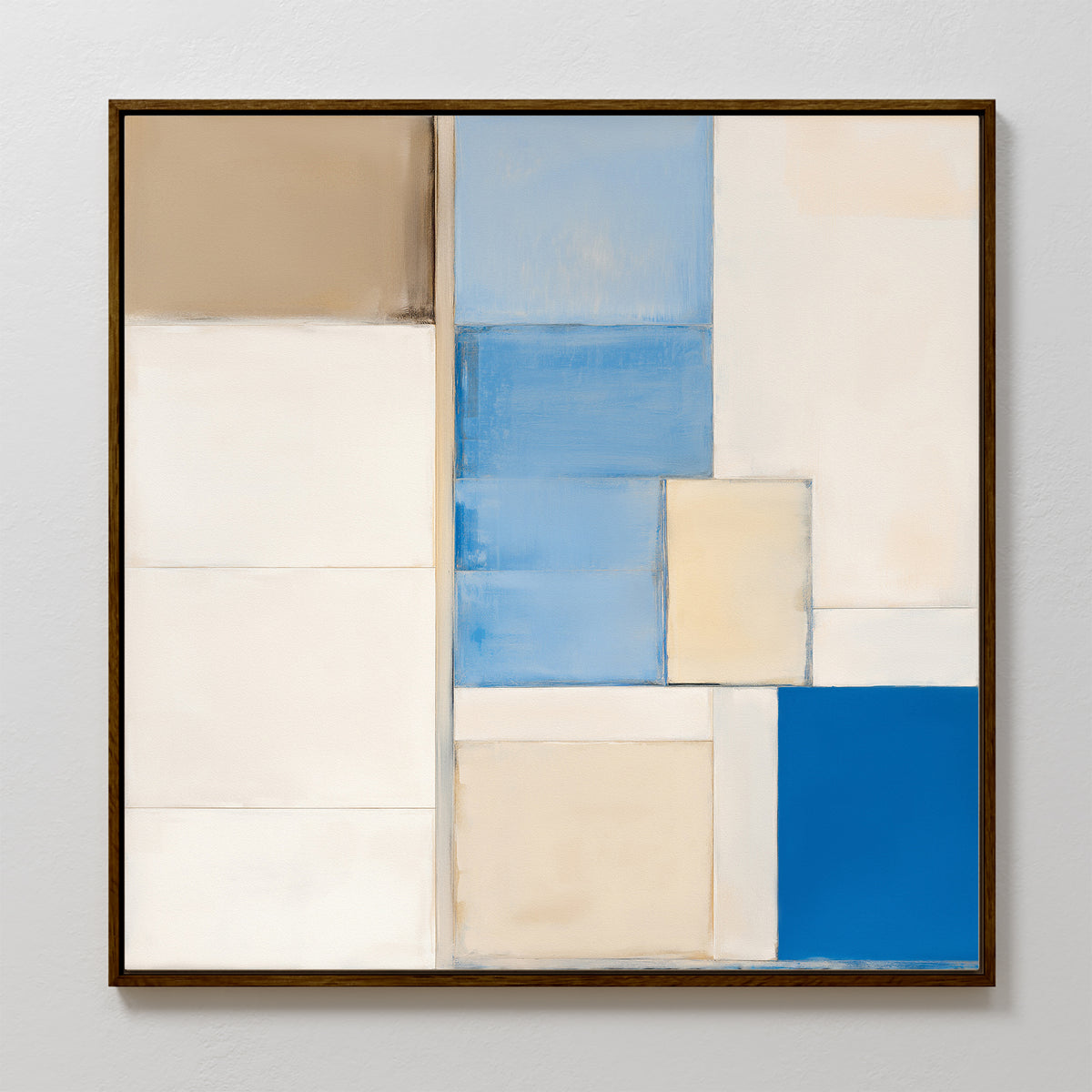 Blue Tiles Composition Canvas Art - Square features a minimalist grid of blue, beige, tan, and white rectangles with soft edges and a thin dark frame—ideal geometric wall art for modern living rooms with white walls.