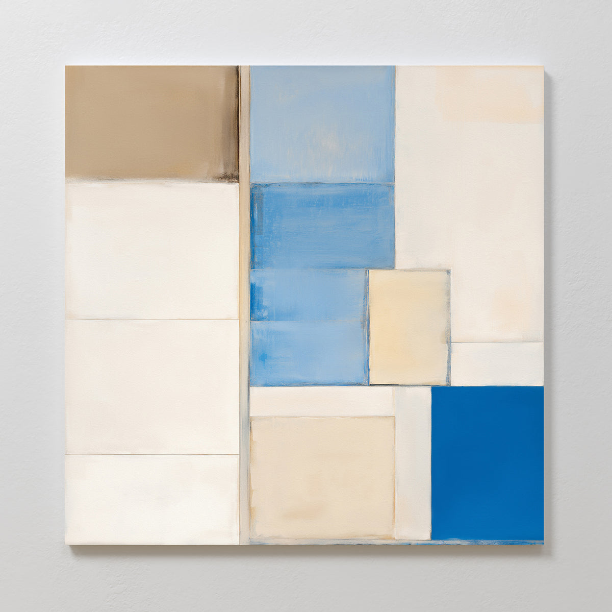 Blue Tiles Composition Canvas Art - Square features abstract geometric blocks in white, beige, tan, and blue arranged in a grid—ideal modern living room decor or as a bold blue tile accent on a light wall.