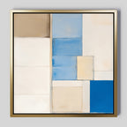 Blue Tiles Composition Canvas Art - Square features geometric shapes in beige, white, light blue, and cobalt blue with a gold frame. This striking piece adds modern geometric style to any living room decor.