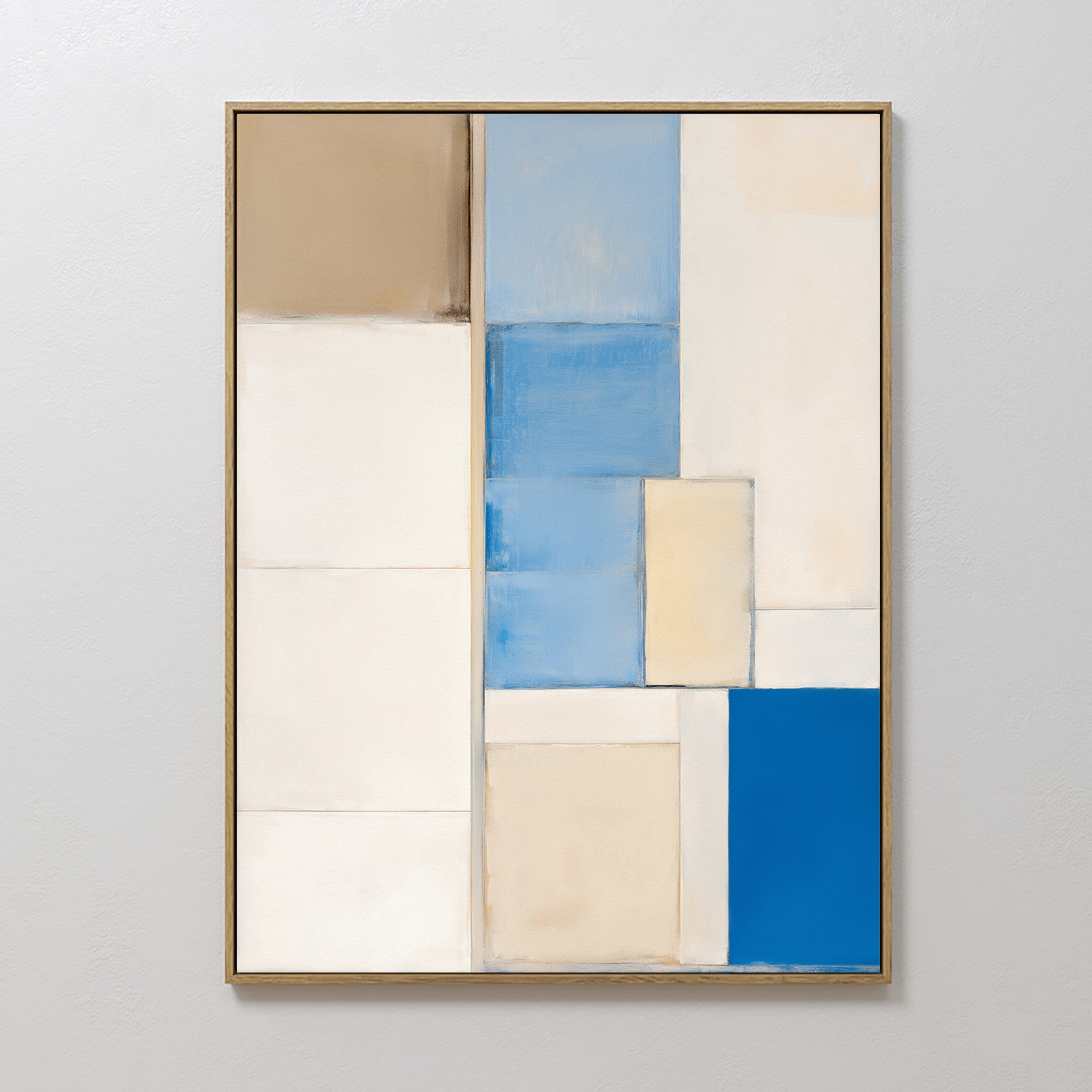 Blue Tiles Composition Canvas Art - Vertical features abstract geometric rectangles in white, beige, tan, and blue with soft edges, arranged in a grid pattern. Framed and displayed on a plain light gray wall for a modern look.