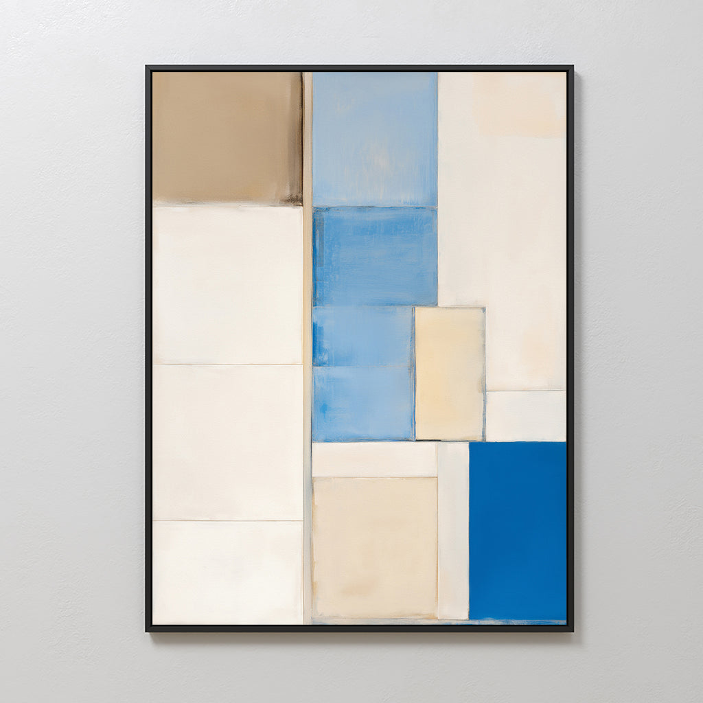 The Blue Tiles Composition Canvas Art - Vertical features a grid of rectangles in beige, cream, blue, and white with thin dividers. Its minimalist, balanced design is framed in a slim black frame, creating striking contemporary wall art.