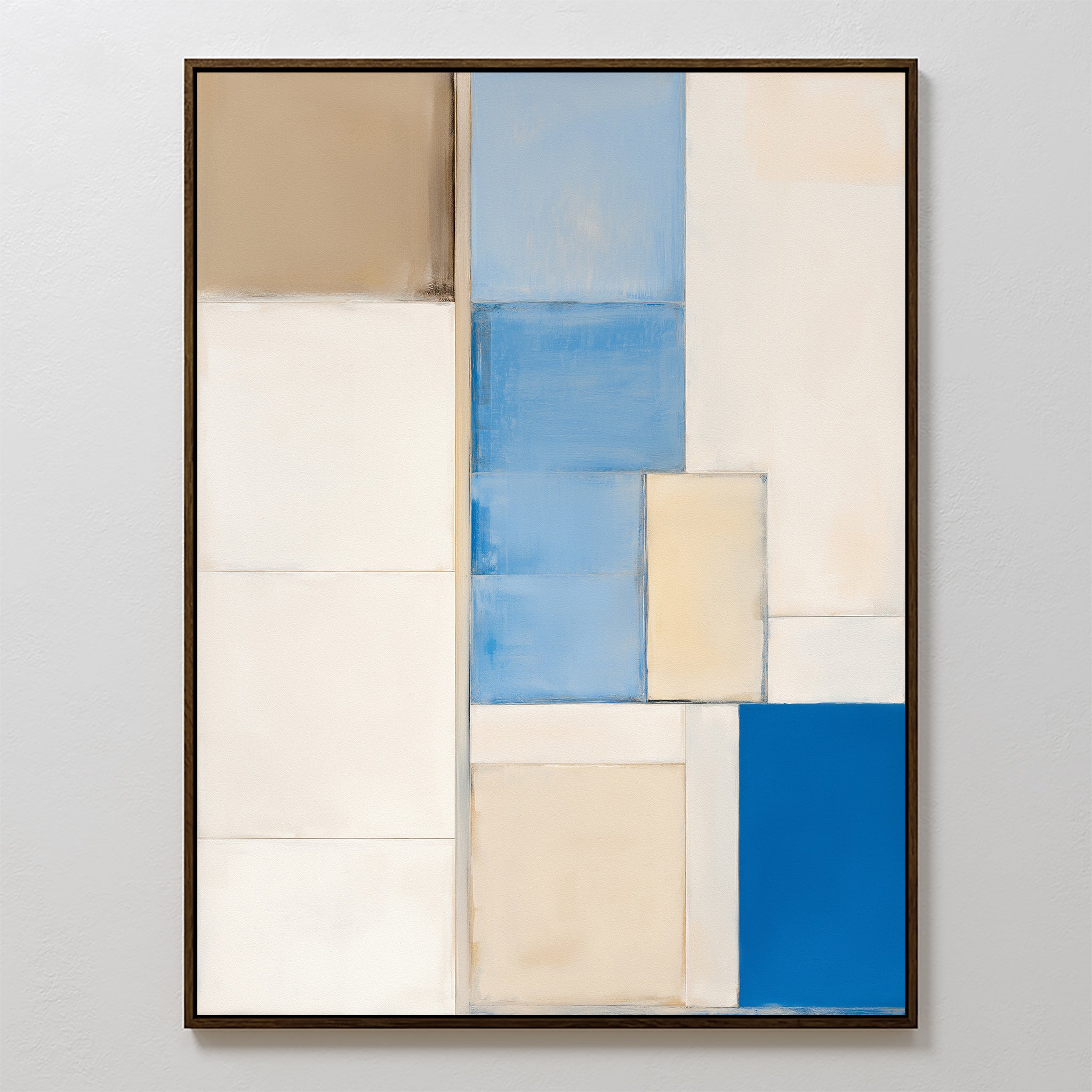 Blue Tiles Composition Canvas Art - Vertical features abstract geometric shapes in beige, white, and blue tones, arranged in a soft grid pattern. Framed with a thin dark border, it brings a calm, modern touch to your space.