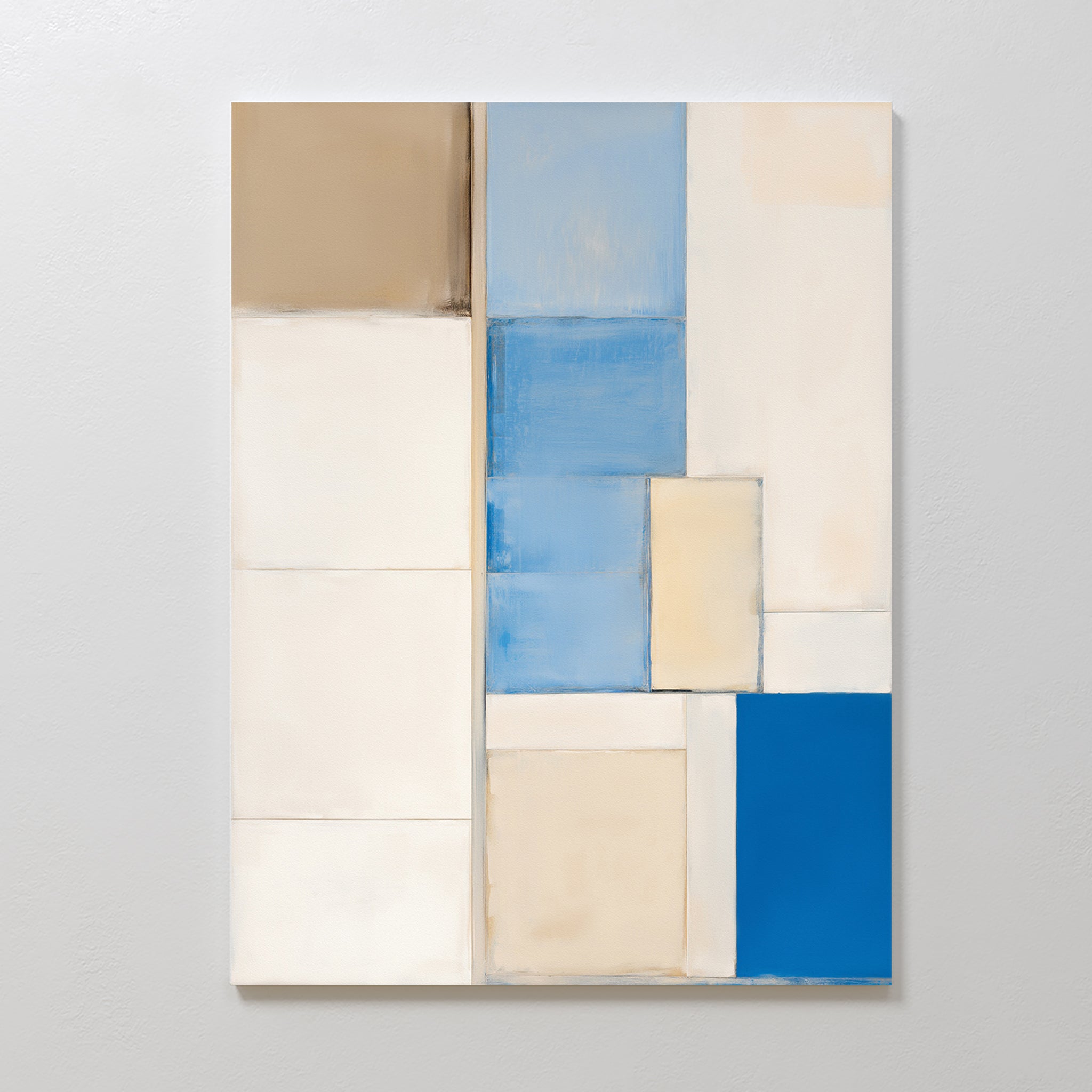 Blue Tiles Composition Canvas Art - Vertical showcases abstract geometric wall art with rectangles in beige, tan, off-white, and blue, divided by thin lines on a crisp white background.