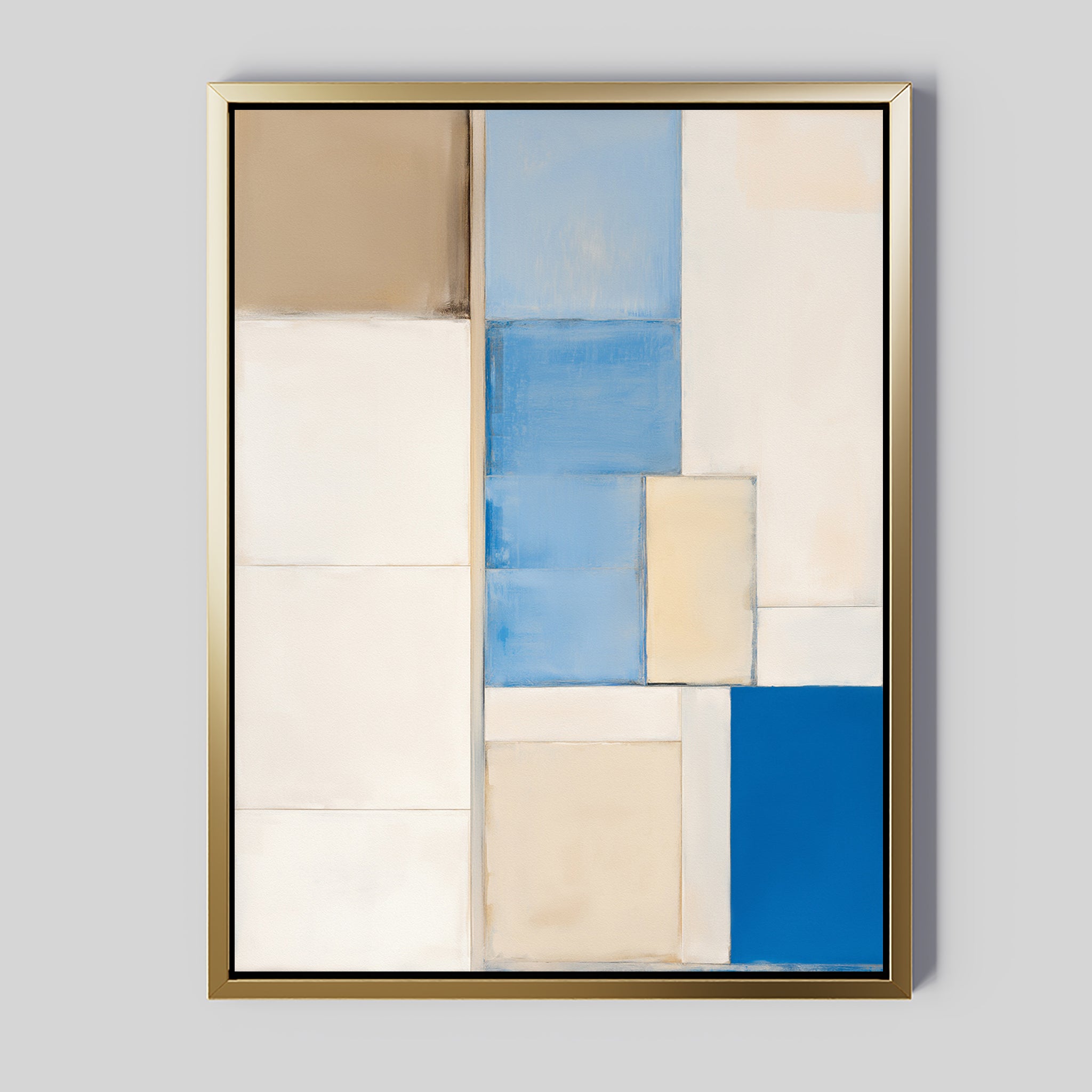 The Blue Tiles Composition Canvas Art - Vertical features abstract geometric rectangles in beige, white, and blue tones. Displayed in a gold frame against a light gray background, this wall art adds a contemporary touch.