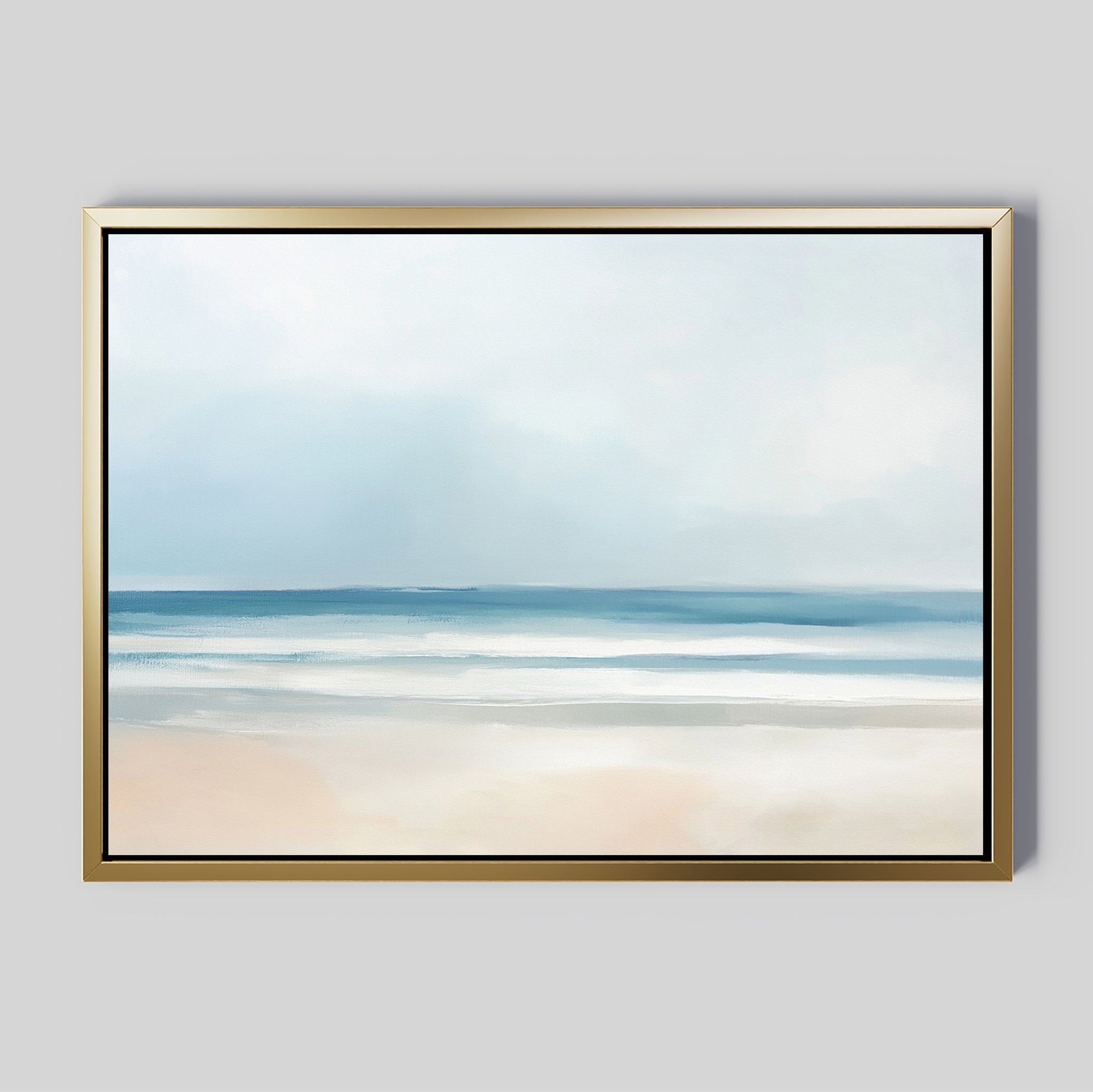 Bring tranquility to your space with the Blurred Beach Scene Canvas Art - Horizontal, featuring a serene coastal print in soft sandy tones and gentle blue waves, all in a minimalist, abstract style—ideal for peaceful wall decor.