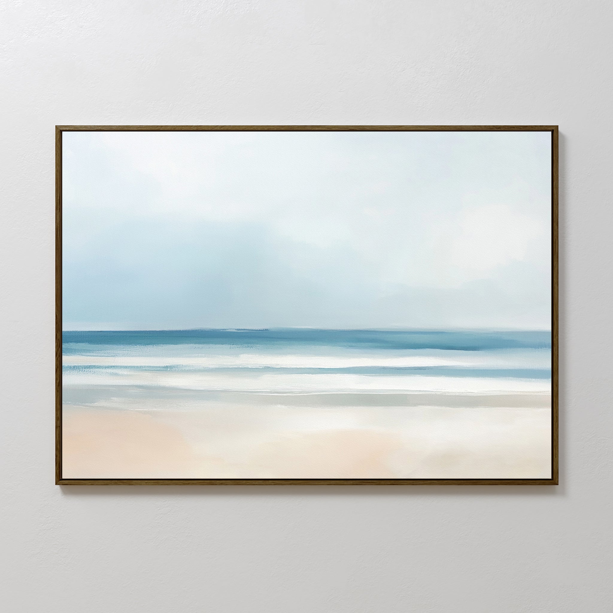 The Blurred Beach Scene Canvas Art - Horizontal features soft blue, white, and sandy beige tones in a minimalist, abstract coastal print that evokes a calm and peaceful atmosphere.