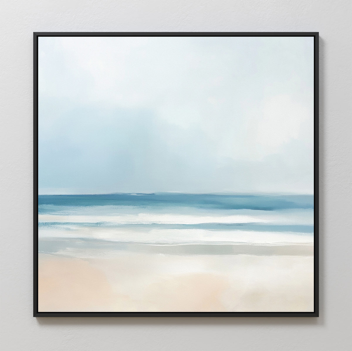 The Blurred Beach Scene Canvas Art - Square features a serene beach scene with soft blue waves, a light sandy shore, and a pale sky in soothing pastel tones—perfect tranquil decor for your space.
