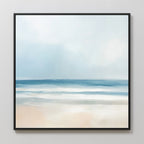 The Blurred Beach Scene Canvas Art - Square features a serene beach scene with soft blue waves, a light sandy shore, and a pale sky in soothing pastel tones—perfect tranquil decor for your space.