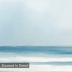 Blurred Beach Scene Canvas Art - Square showcases soft, abstract horizontal layers of blue and white, evoking a calm seascape beneath a pale sky. "Zoomed In Detail" is displayed in the bottom left corner.