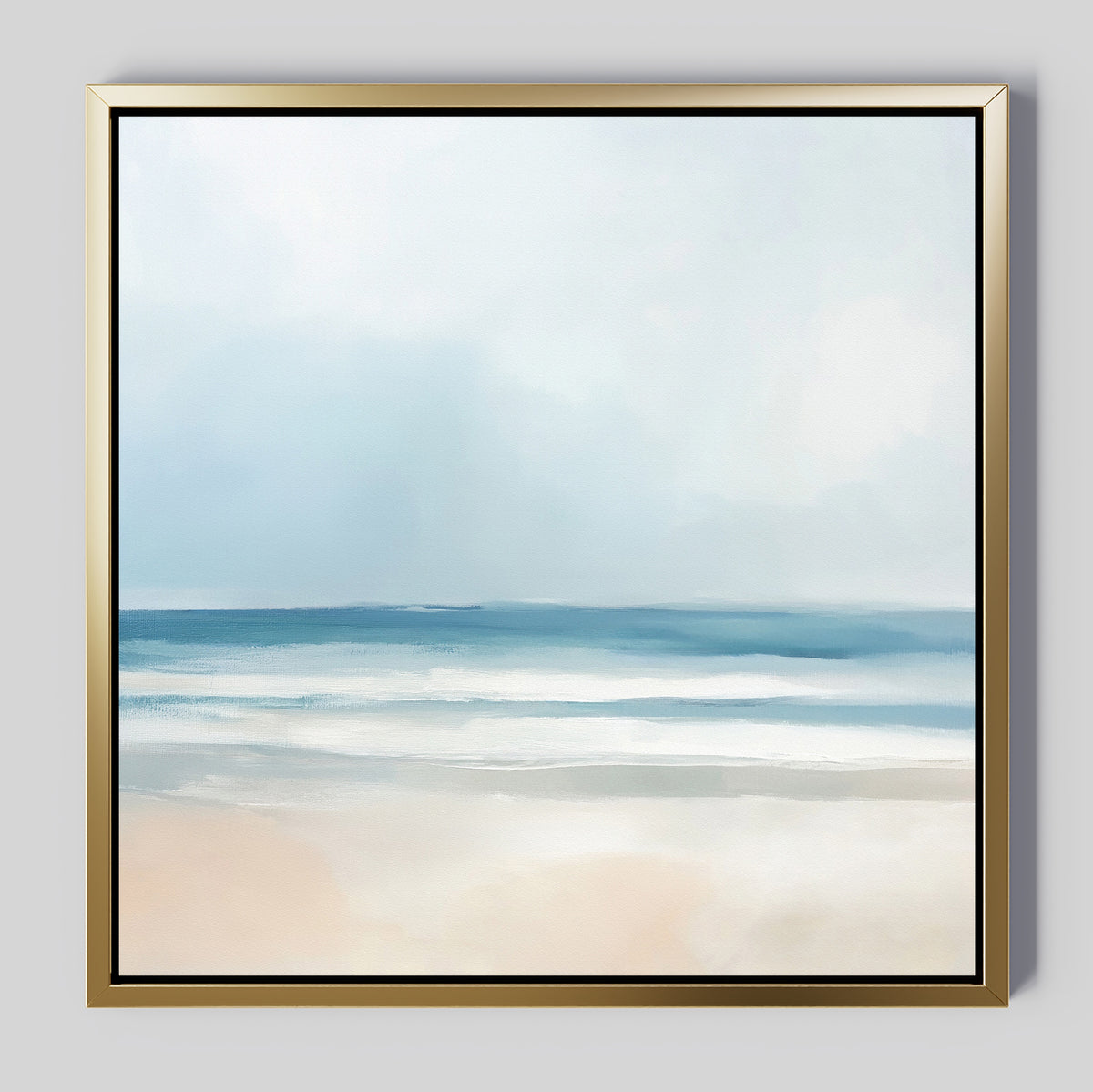 The Blurred Beach Scene Canvas Art - Square showcases a serene, abstract coastal seascape in soft blue, white, and beige tones—gentle waves, sandy shore, and a calm sky—for tranquil minimalist wall decor.