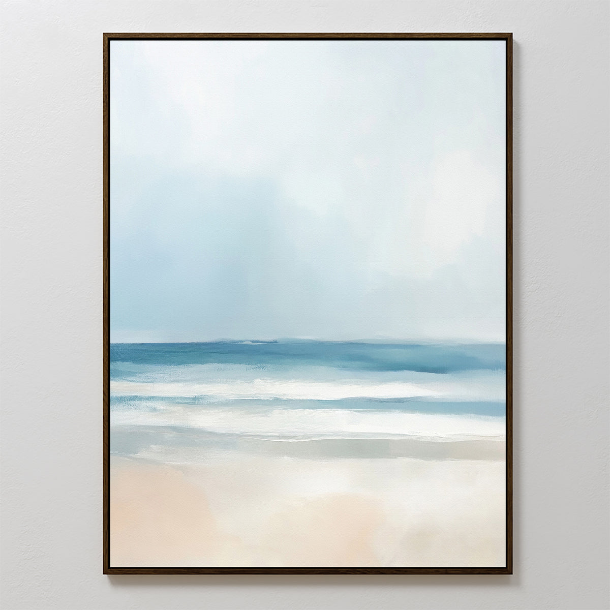 The Blurred Beach Scene Canvas Art - Vertical features a serene beach with soft blue waves, pale sand, and a light cloudy sky in gentle brushstrokes—perfect for calming, minimalist wall décor.