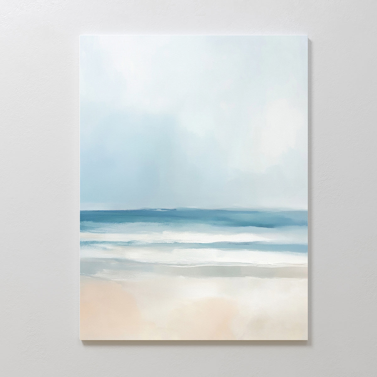 Blurred Beach Scene Canvas Art - Vertical: This minimalist wall art features a serene coastal scene in soft blue, white, and beige tones—perfect for adding calming beach decor to your space.