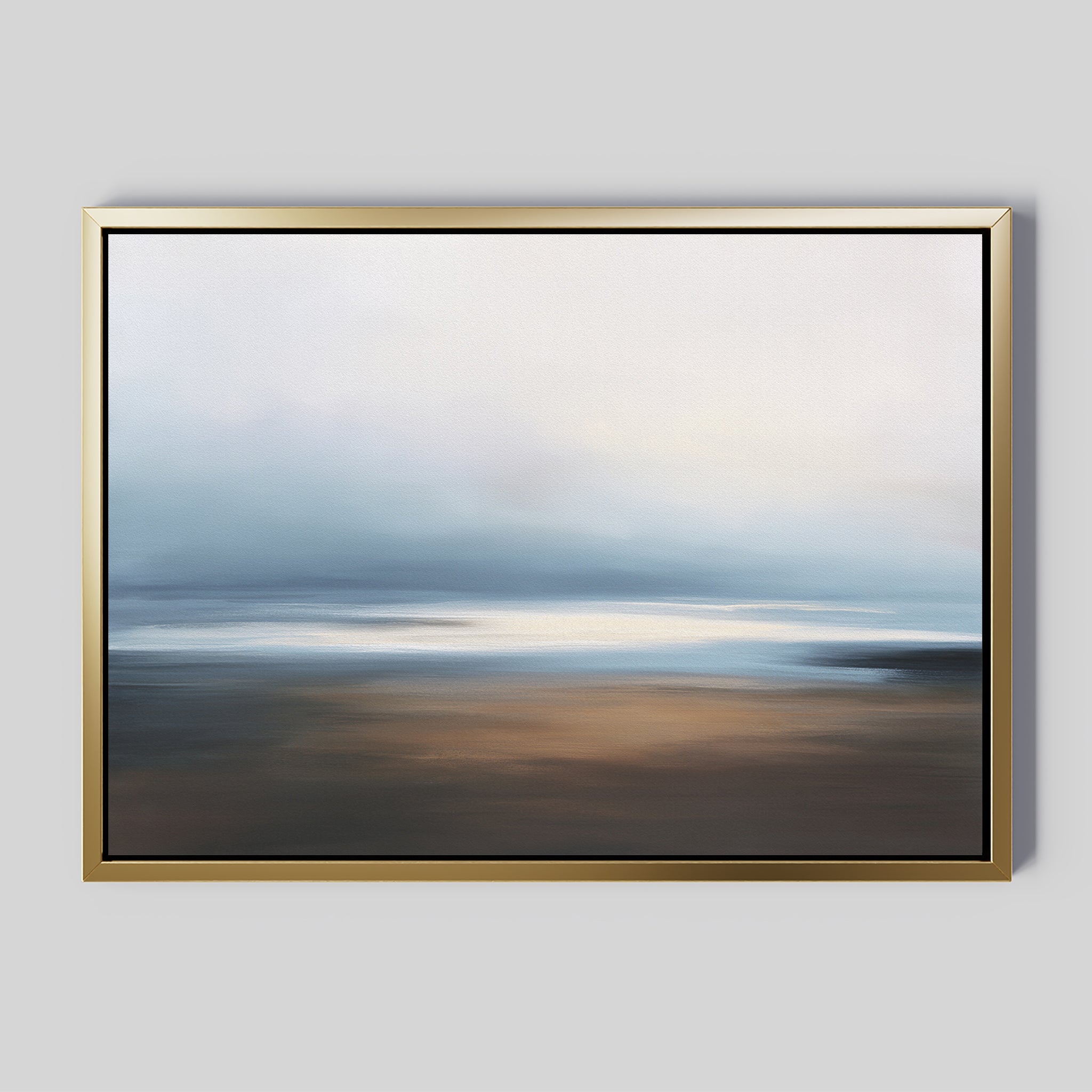 The Blurred Seascape Canvas Art - Horizontal features soft blue, white, and brown tones in an abstract seascape on a light gray background, creating a calm coastal vibe—perfect serene wall decor for any space.
