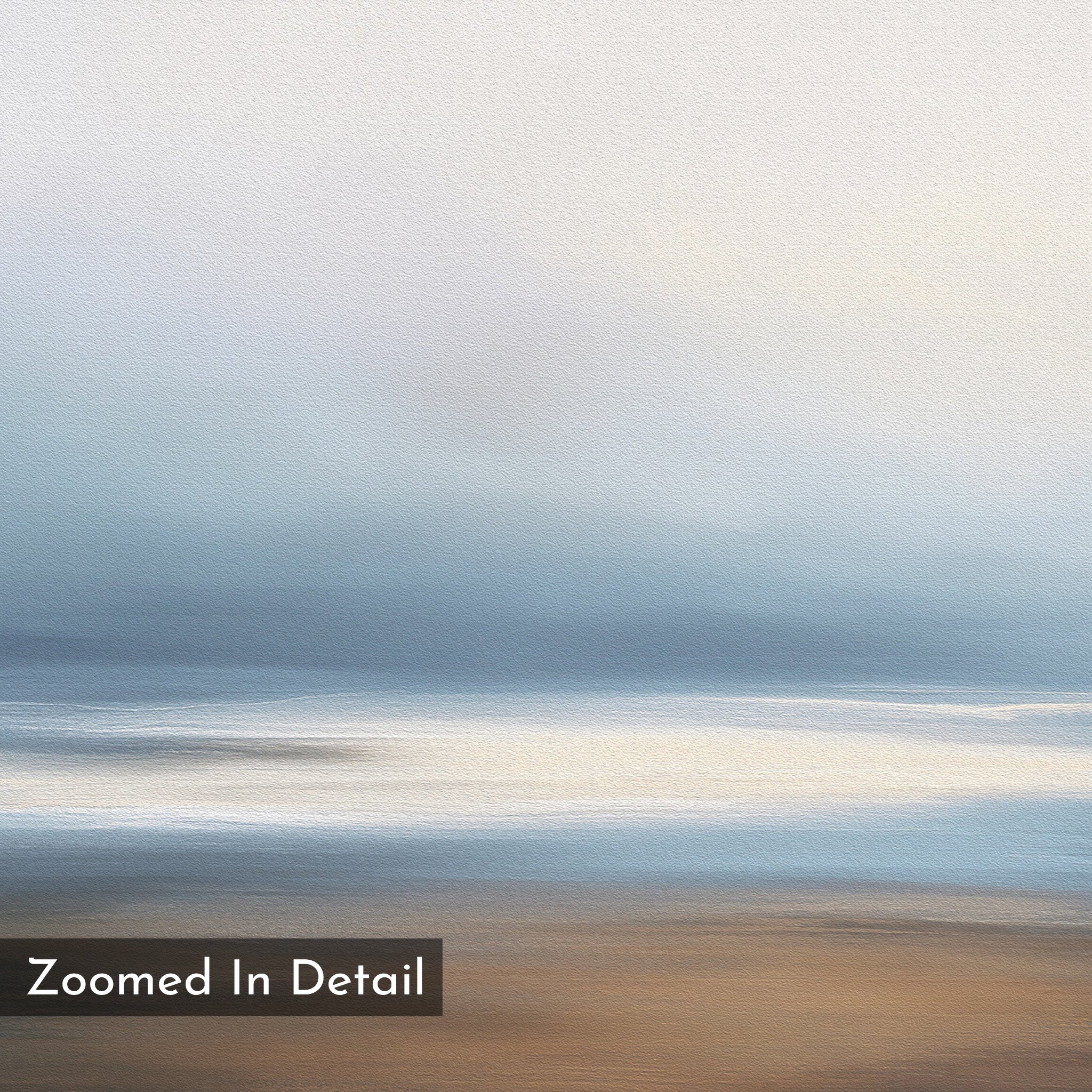 Blurred Seascape Canvas Art - Horizontal features soft, abstract blue, white, and beige gradients for a serene coastal vibe. “Zoomed In Detail” appears in a black box at the bottom left corner.