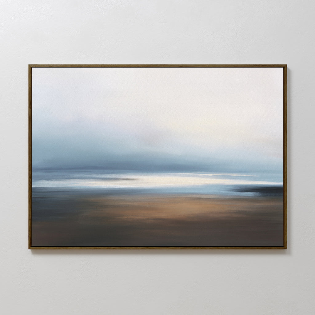 The Blurred Seascape Canvas Art - Horizontal features soft, blurred bands of blue, white, and brown—an exquisite abstract wall art piece that evokes coastal serenity and a dreamy, clouded sky.