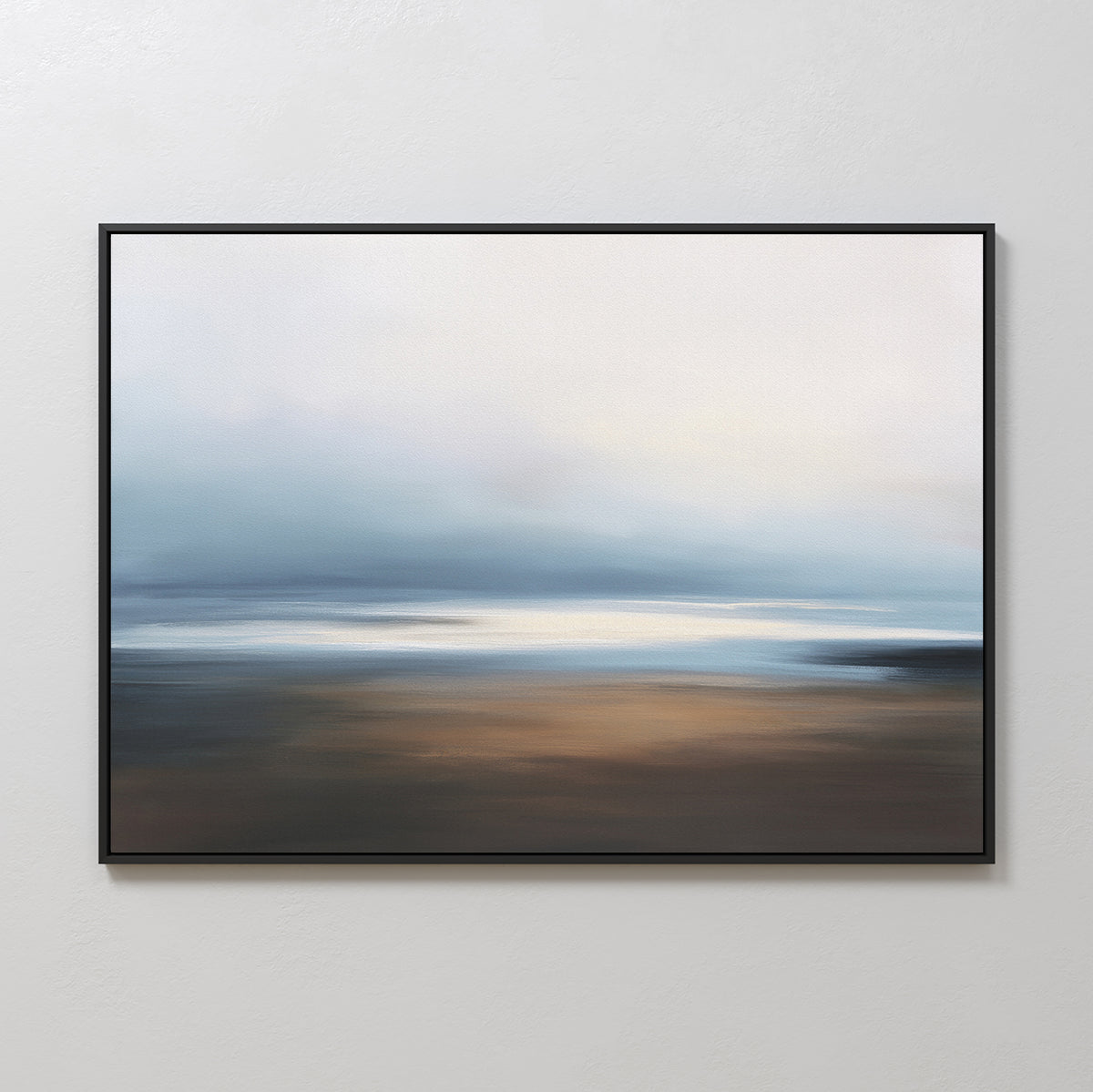 Blurred Seascape Canvas Art - Horizontal features soft blue, white, and brown tones with smooth brushstrokes, creating a dreamy, tranquil atmosphere perfect for modern decor.